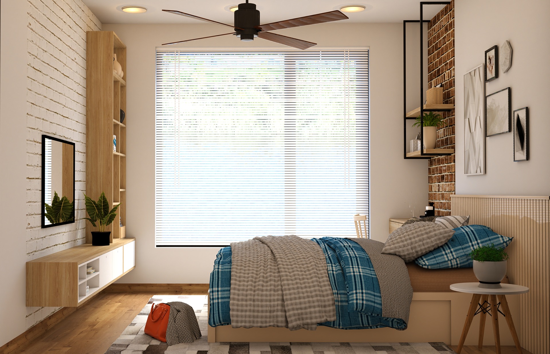 Bedroom with blinds at window and ceiling fan.