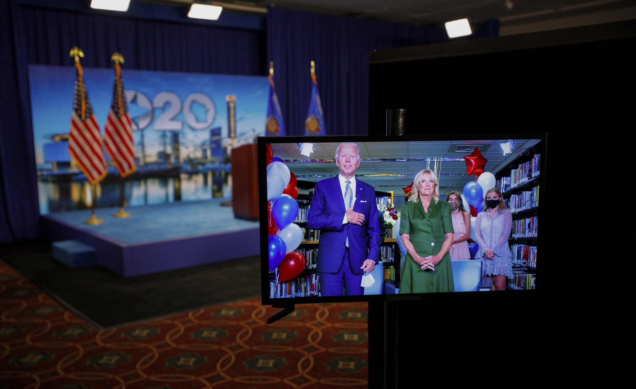 Joe Biden seen in a video feed with his wife Jill Biden during DNC