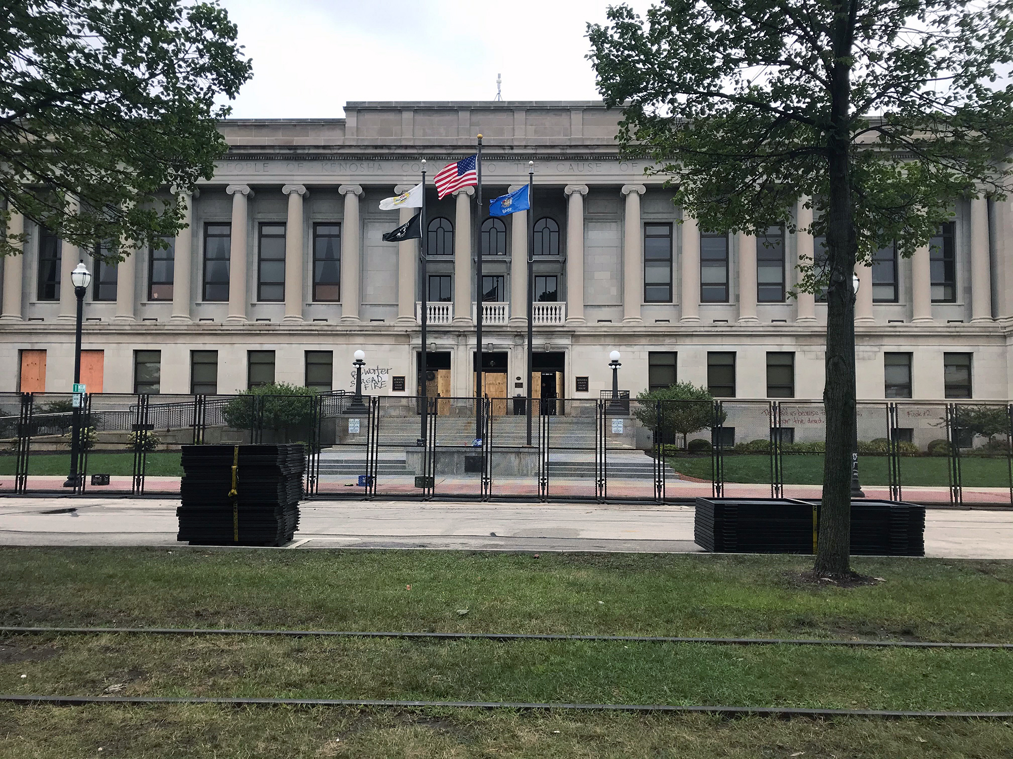 A temporary barricade around the Kenosha County courthouse