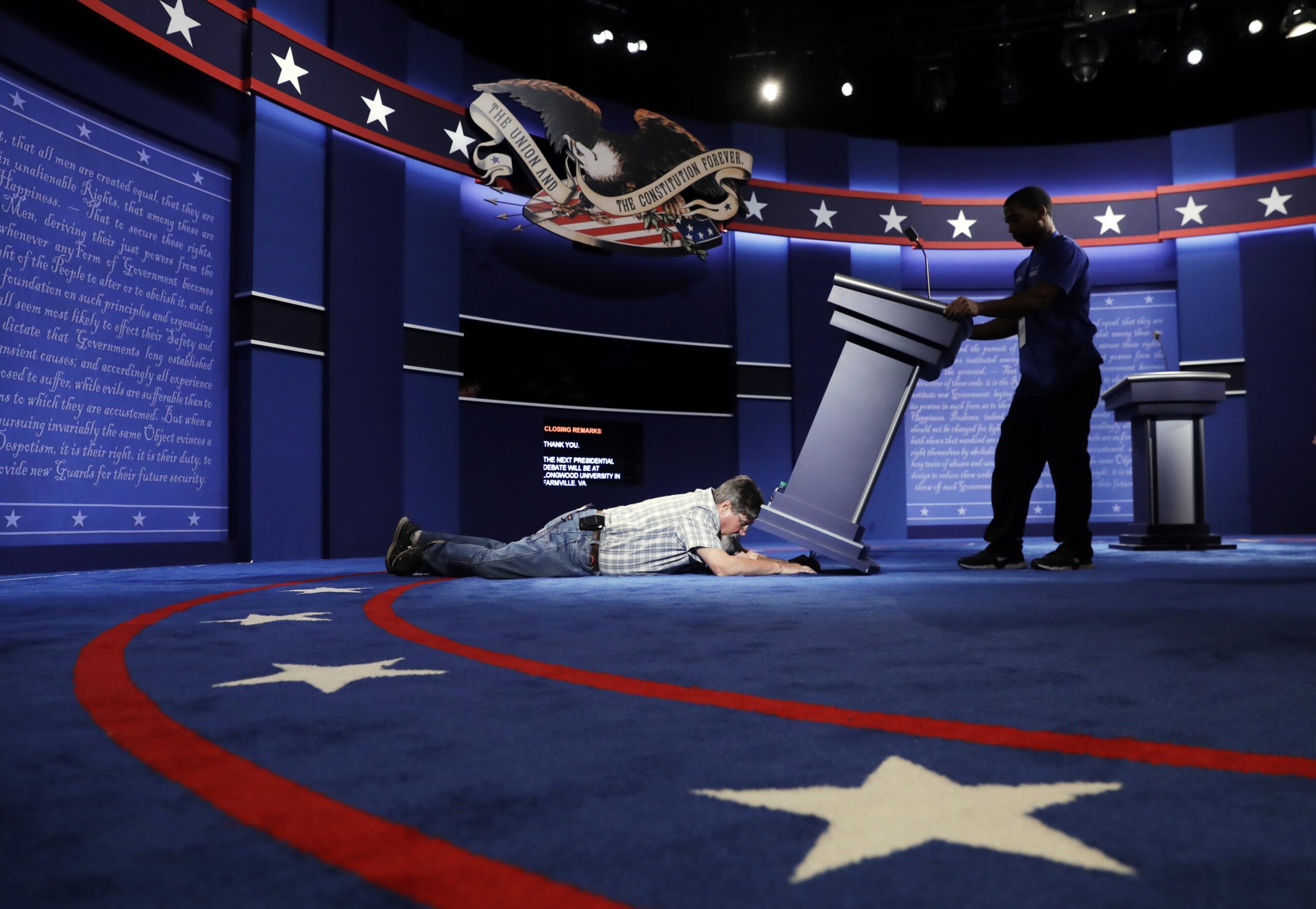 Workers preparing for debate in 2016 presidential election