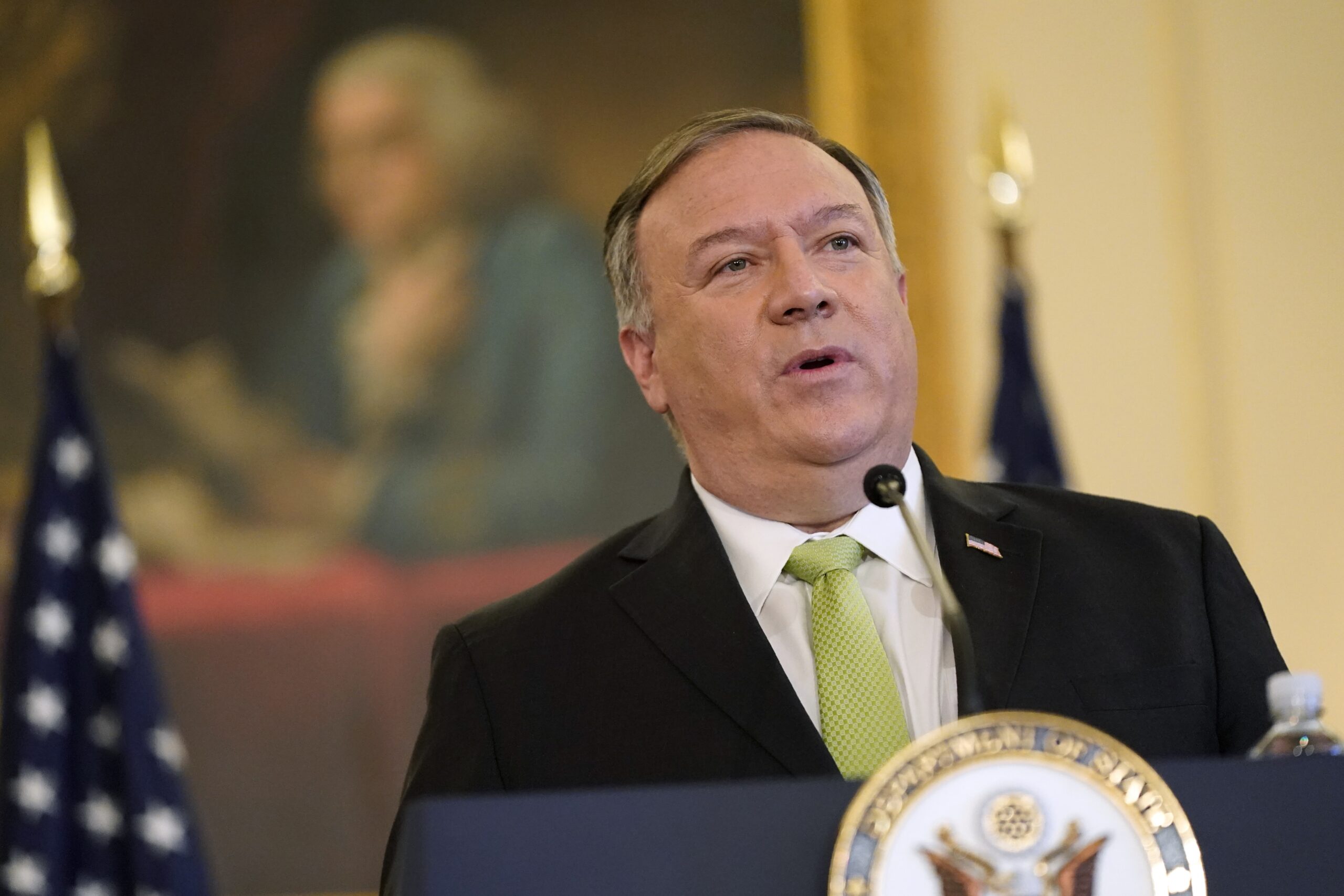 Mike Pompeo speaks at the State Department's headquarters.