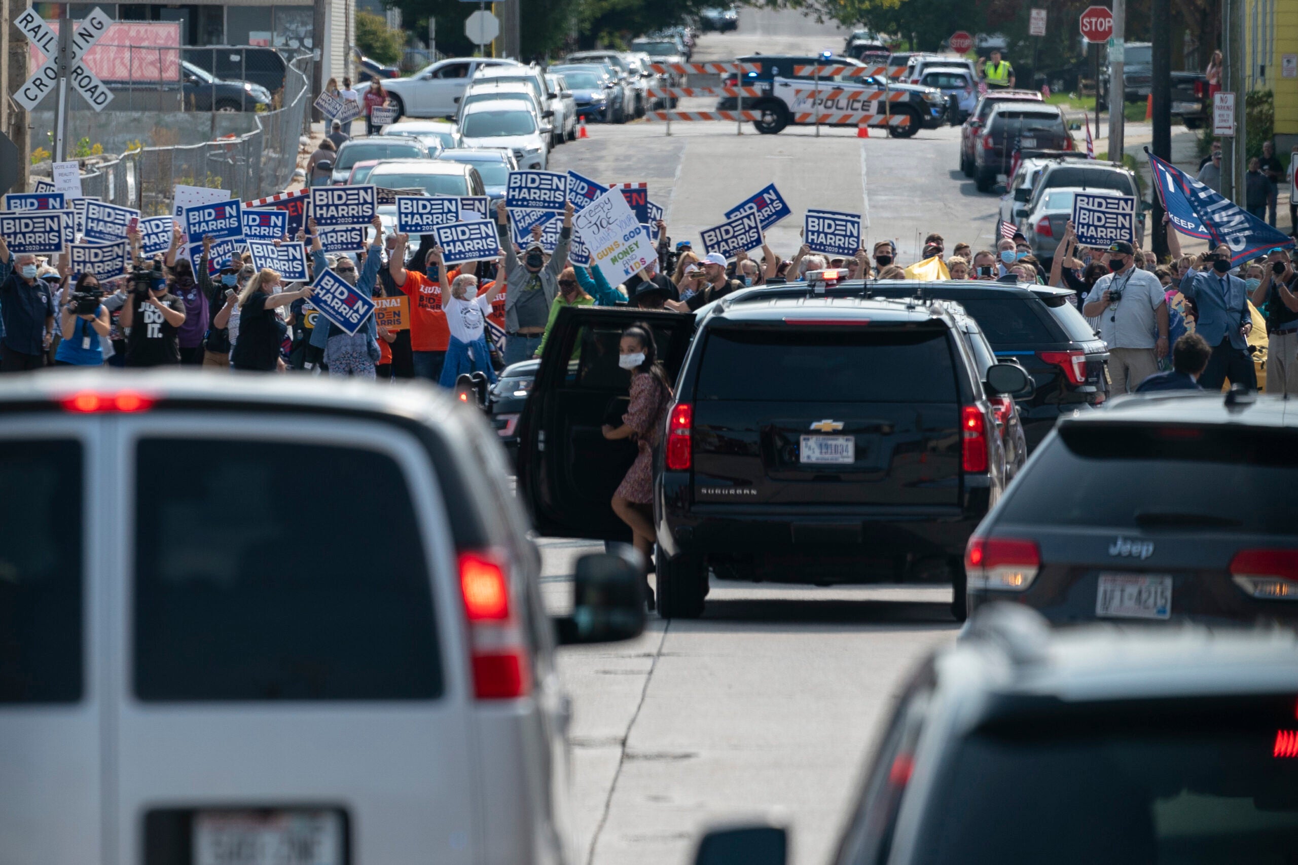 A crowd of Biden supporters in the street