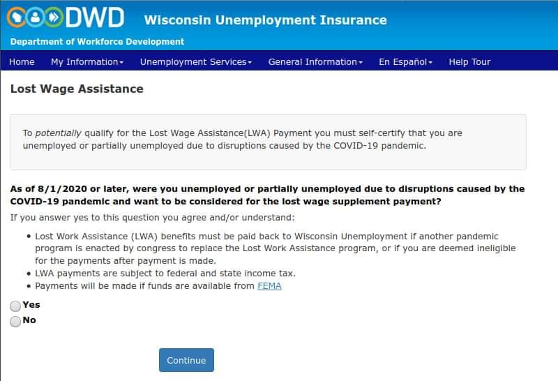 Screenshot of Lost Wage Assistance eligibility question from DWD