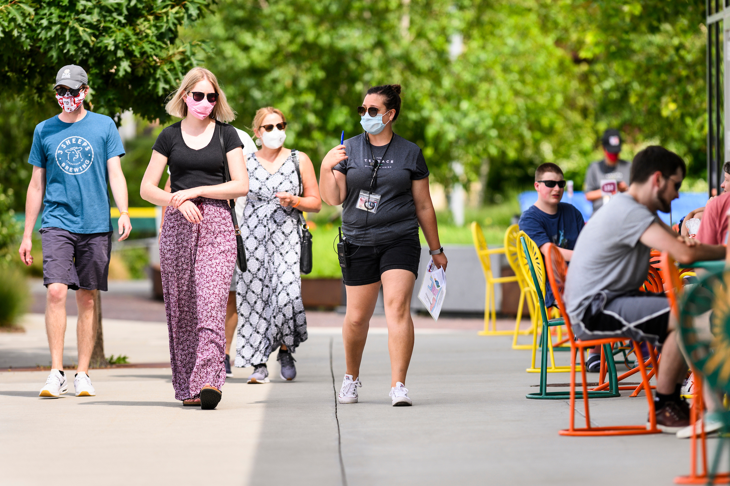 Patrons wearing masks at UW-Madison's Memorial Union Terrace