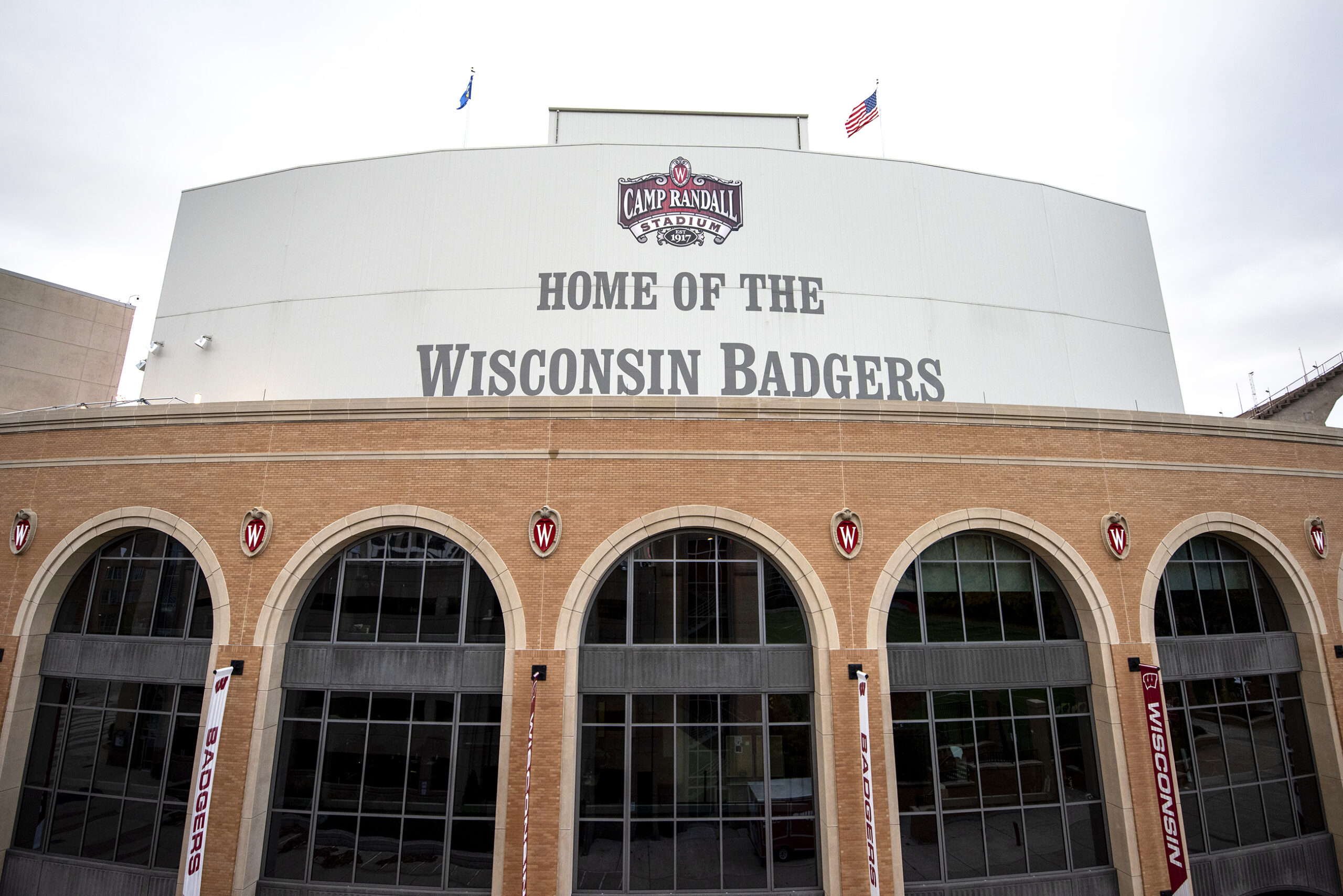 "Home of the Wisconsin Badgers" is written on the side of the stadium