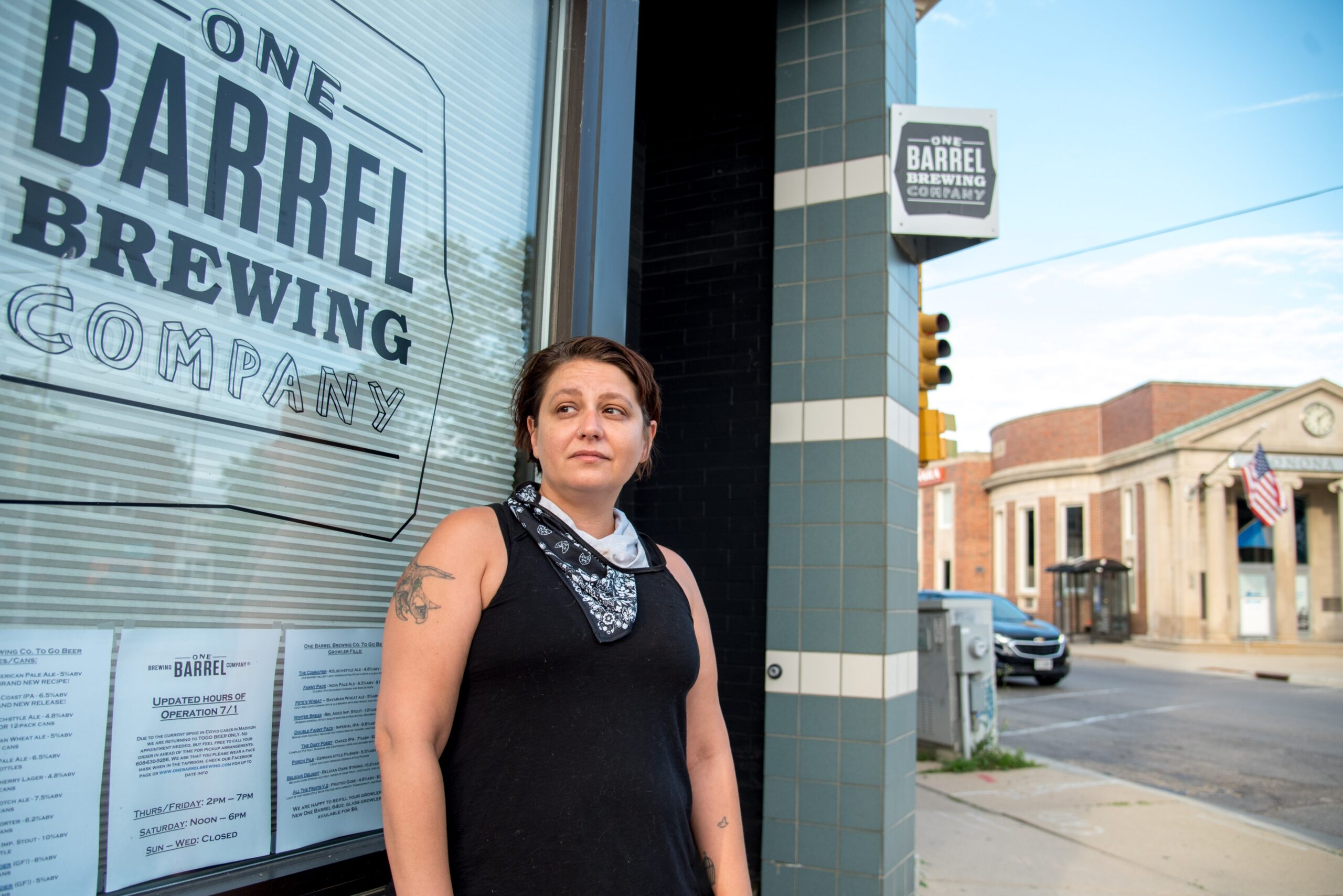 Amy Moreland stands outside a bar