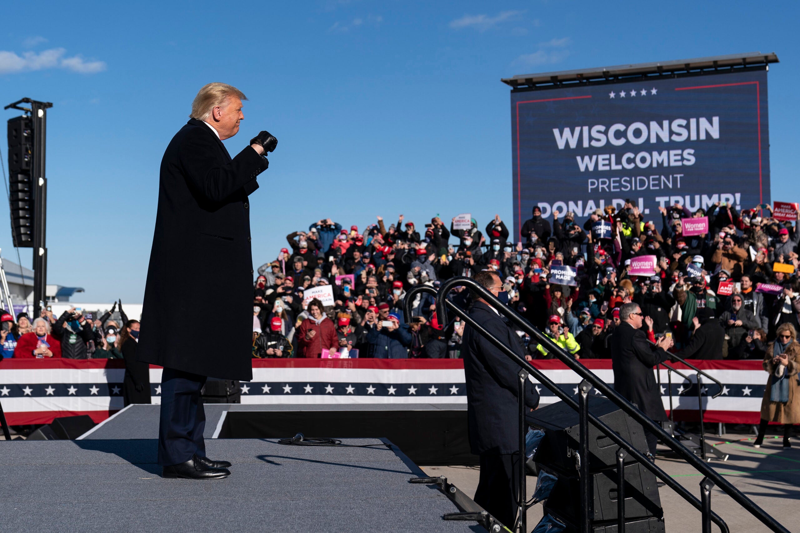 President Donald Trump arrives to speak at a campaign rally at Green Bay Austin Straubel International Airport, Friday, Oct. 30, 2020.