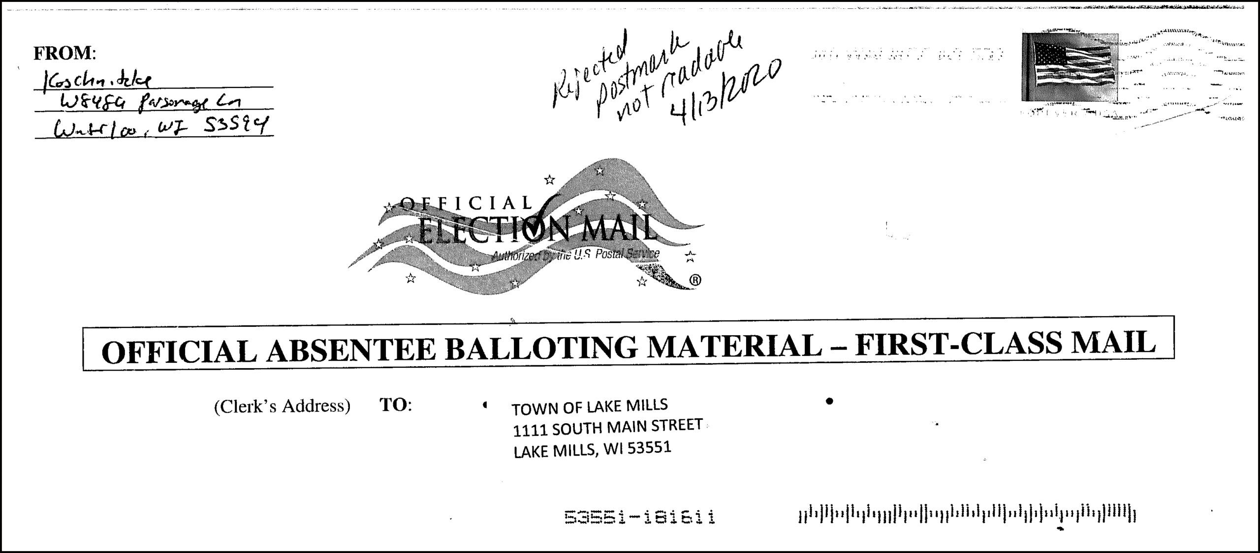 A rejected absentee ballot from the April 2020 election.