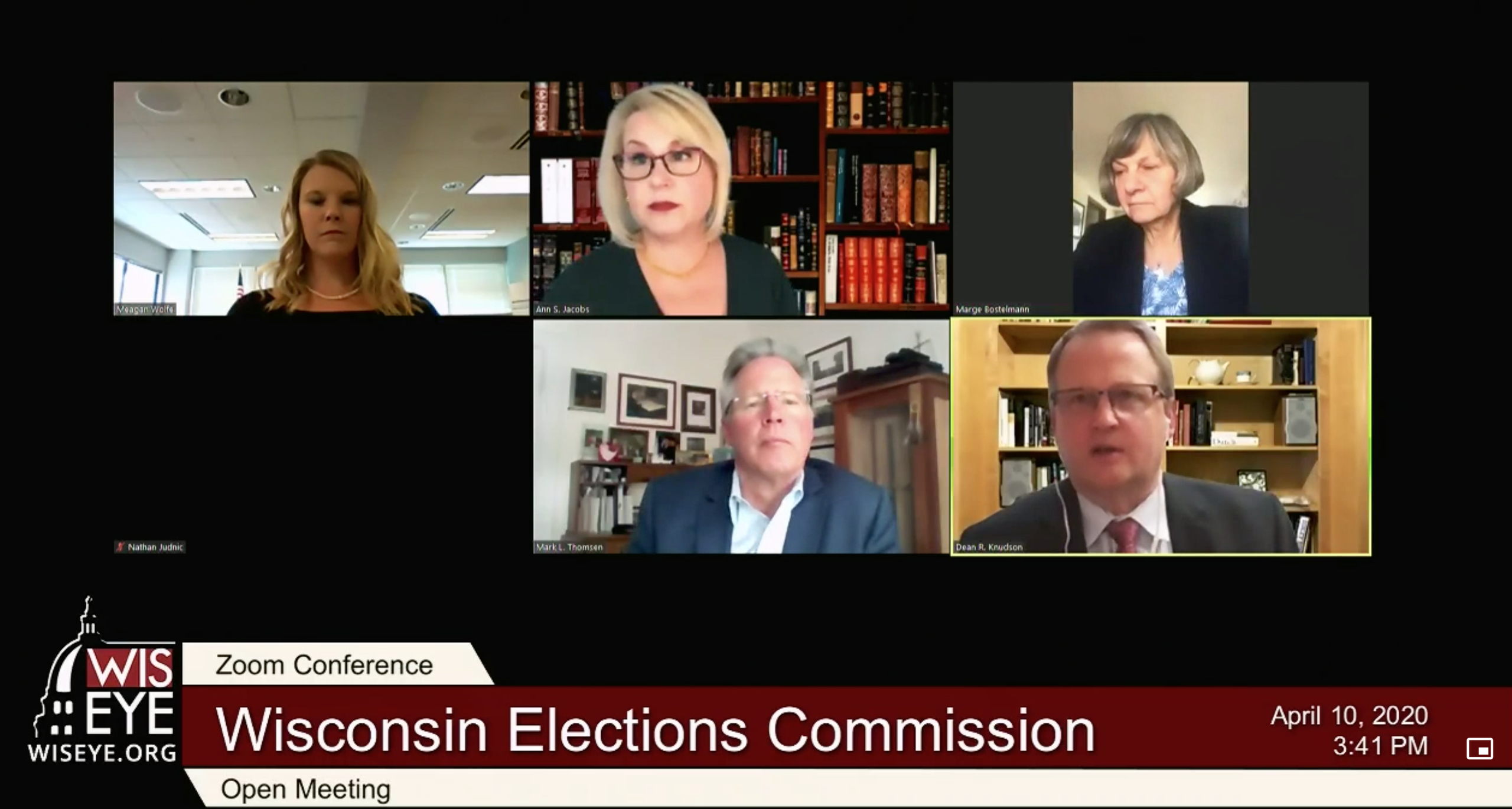 Members of the Wisconsin Elections Commission appear in a teleconference meeting on April 10, 2020.