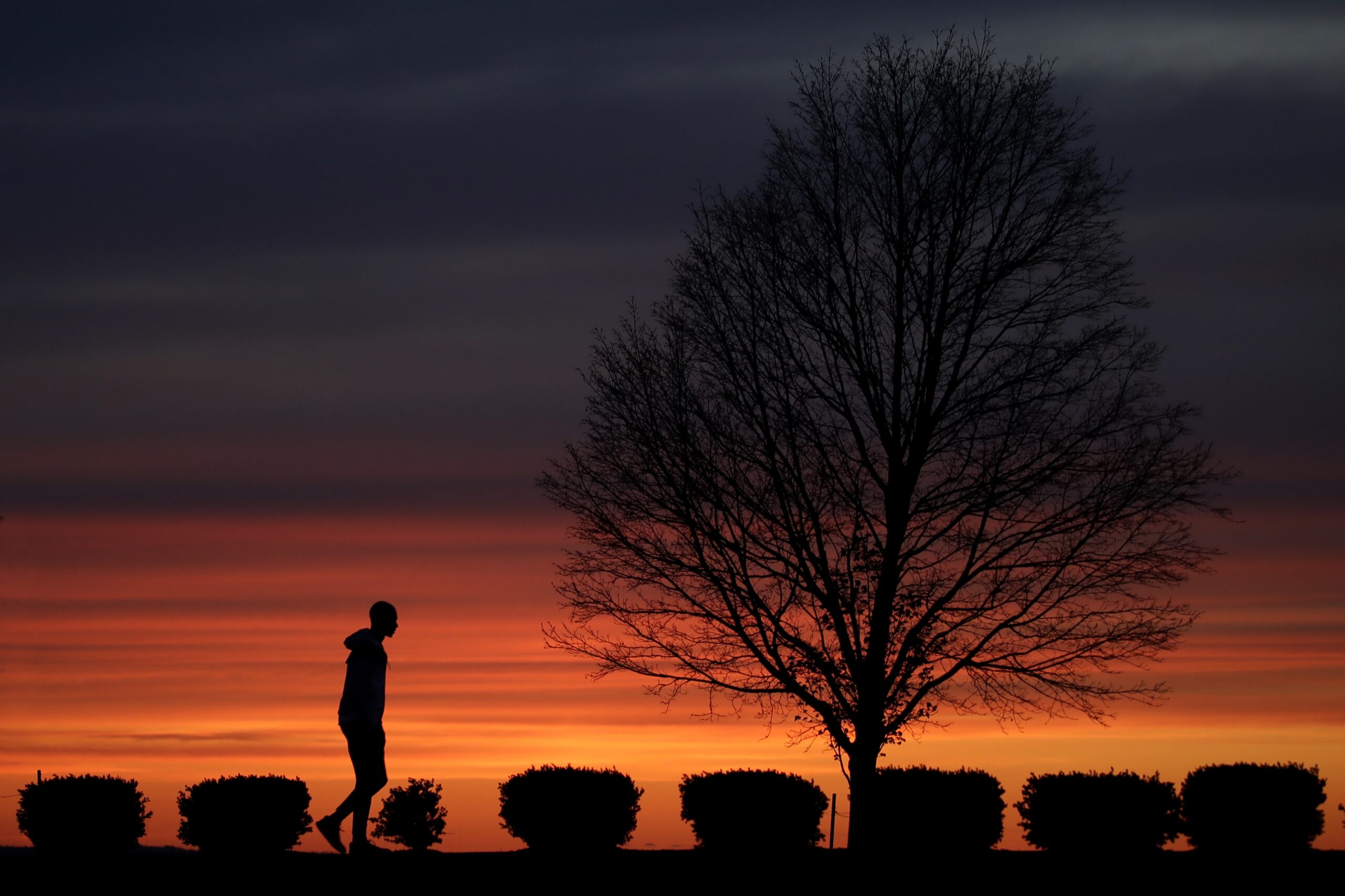 A man walks alone in a Kansas City, Mo., park at sunset