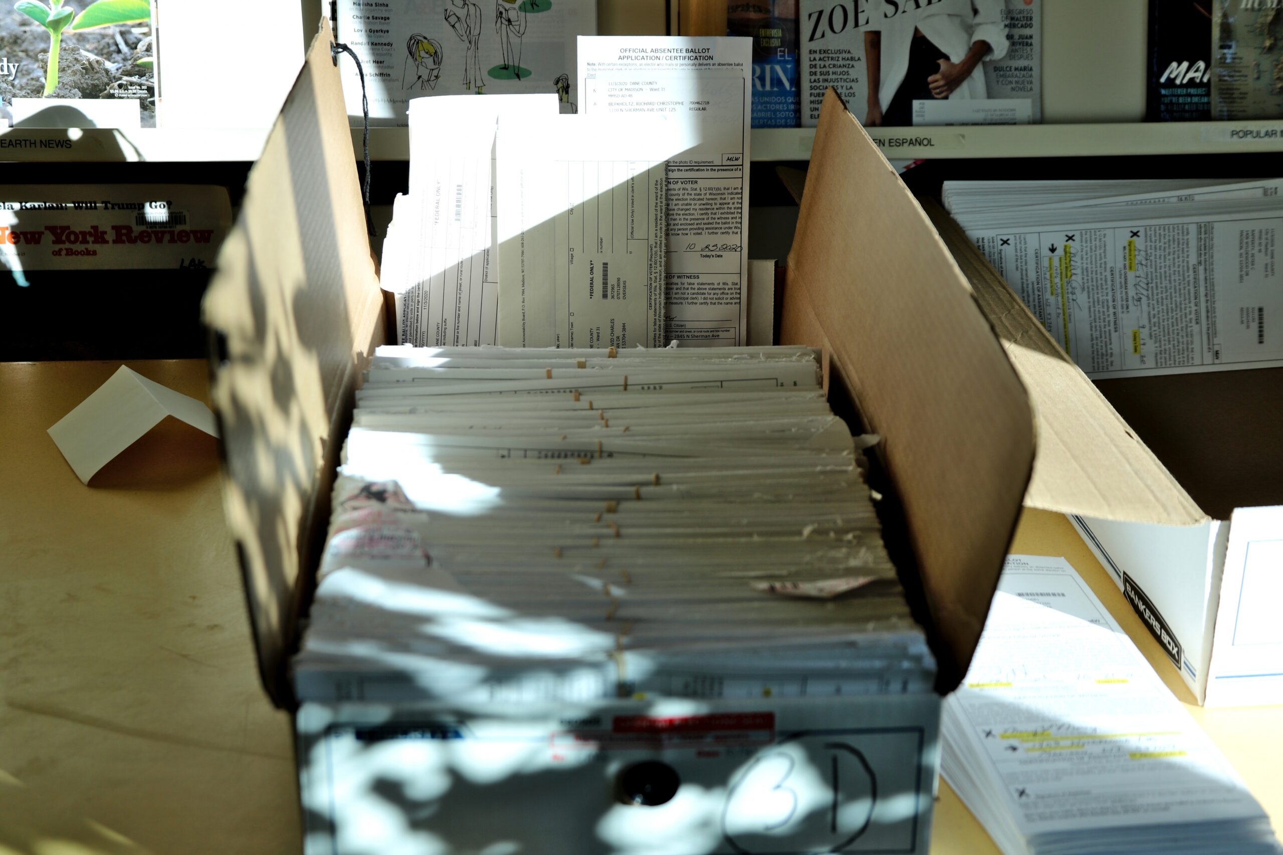 A box of absentee ballots at the Lakeview Library on Madison's north side