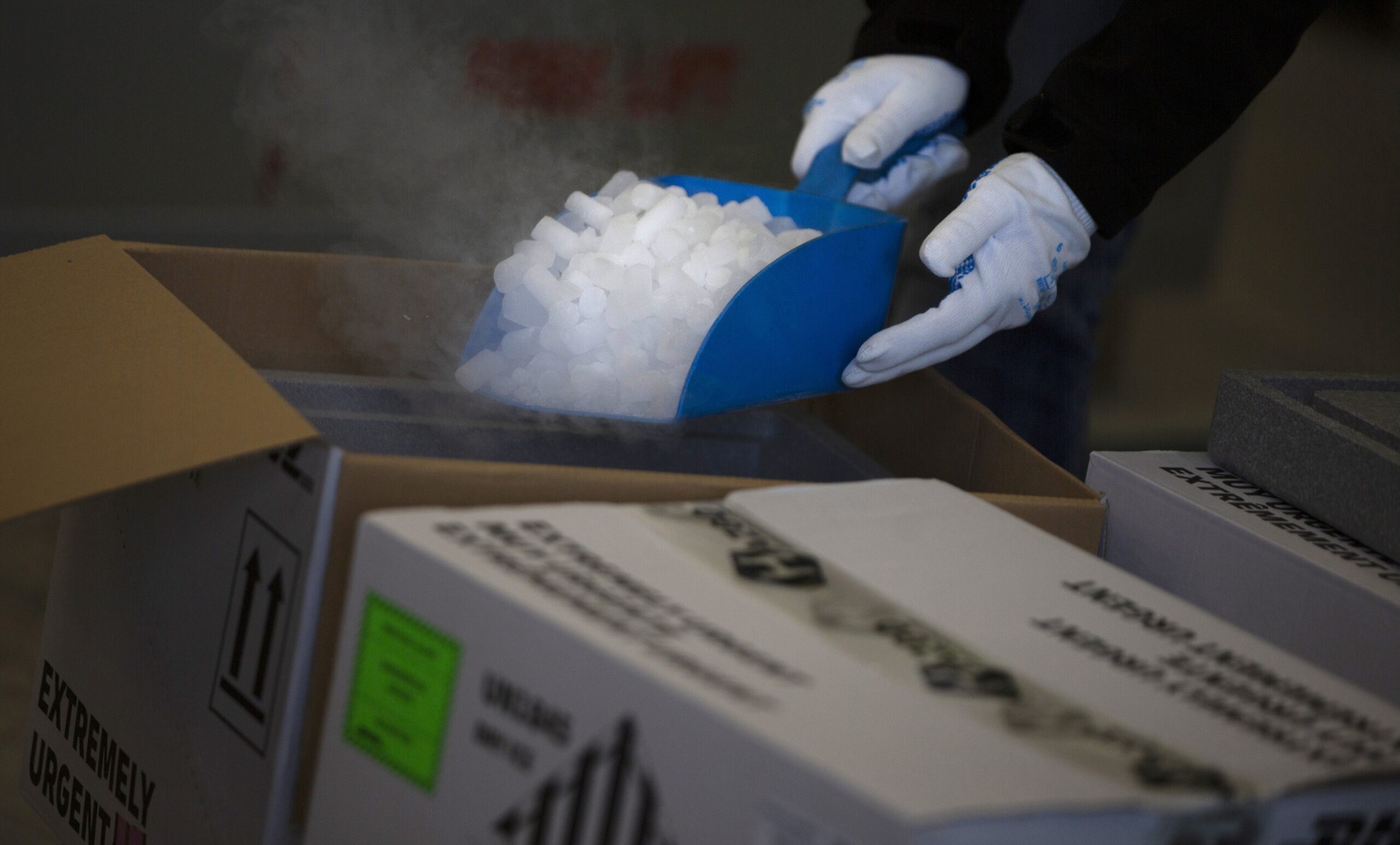 A worker shows how dry ice is used on specific vaccines