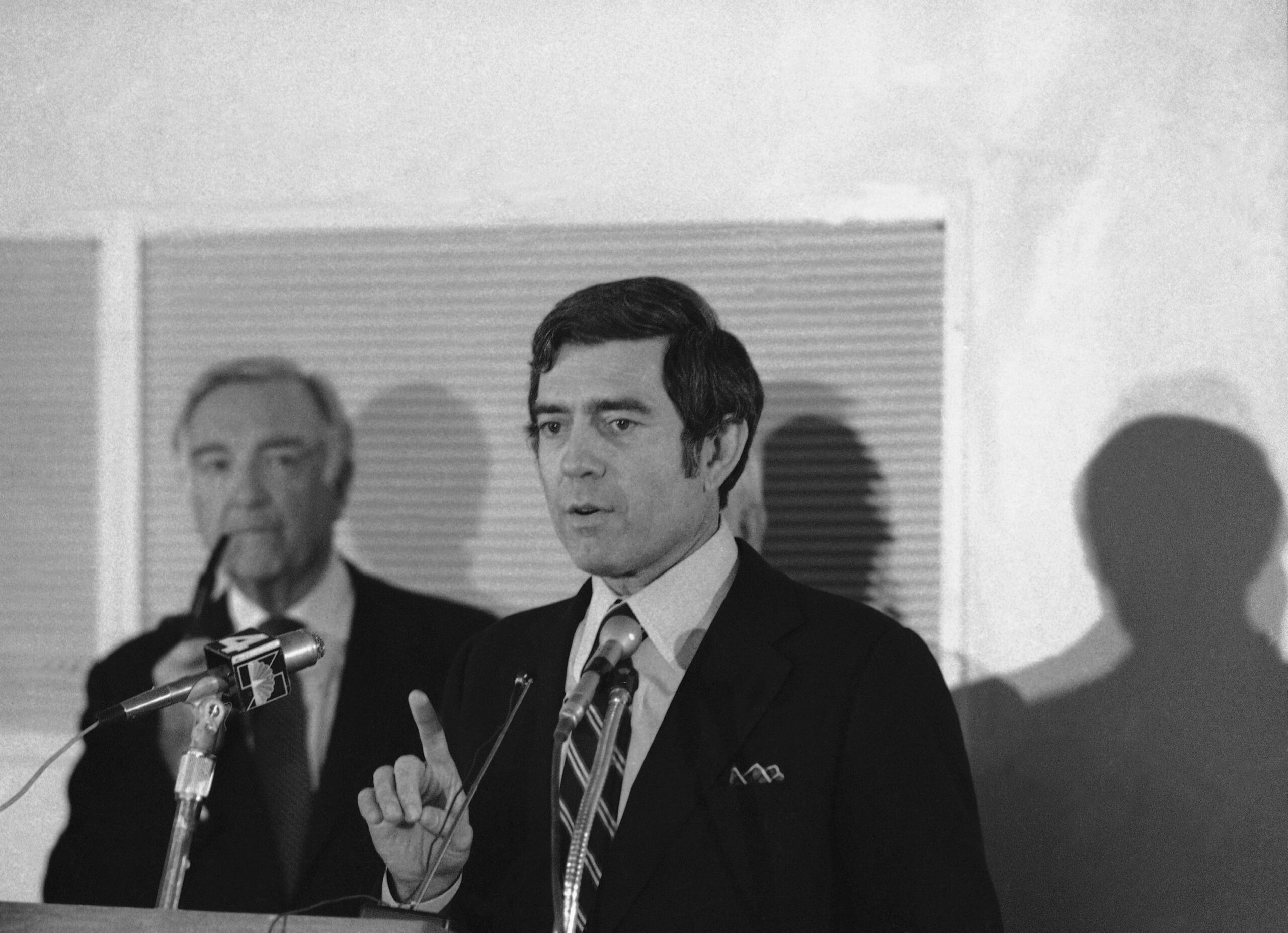 Dan Rather speaks during a news conference