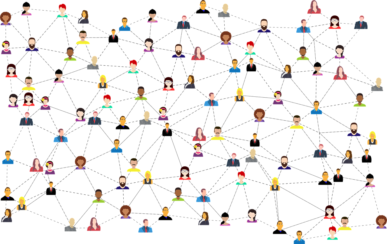 Small icons of people are illustrated and connected in a "web".