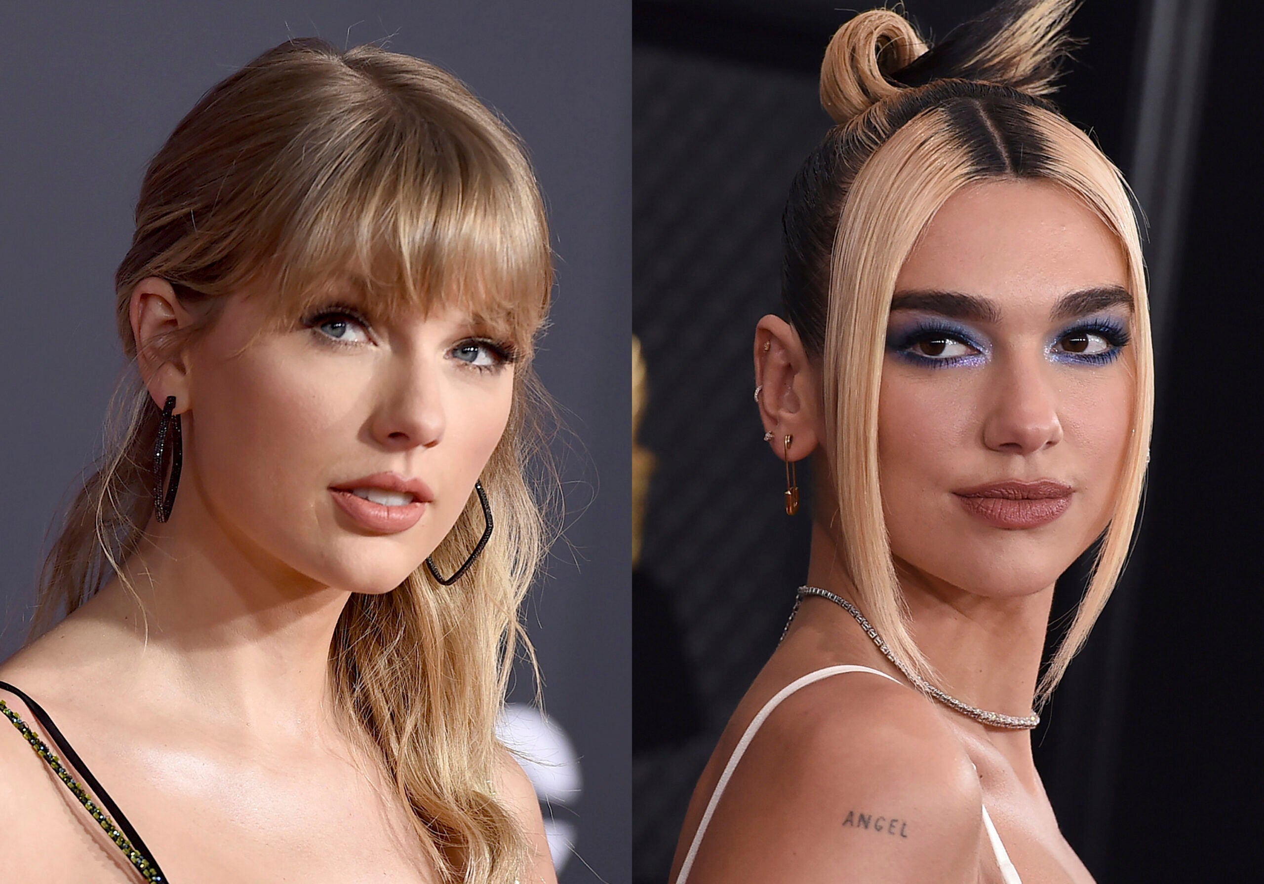 Headshots of Taylor Swift and Dua Lipa