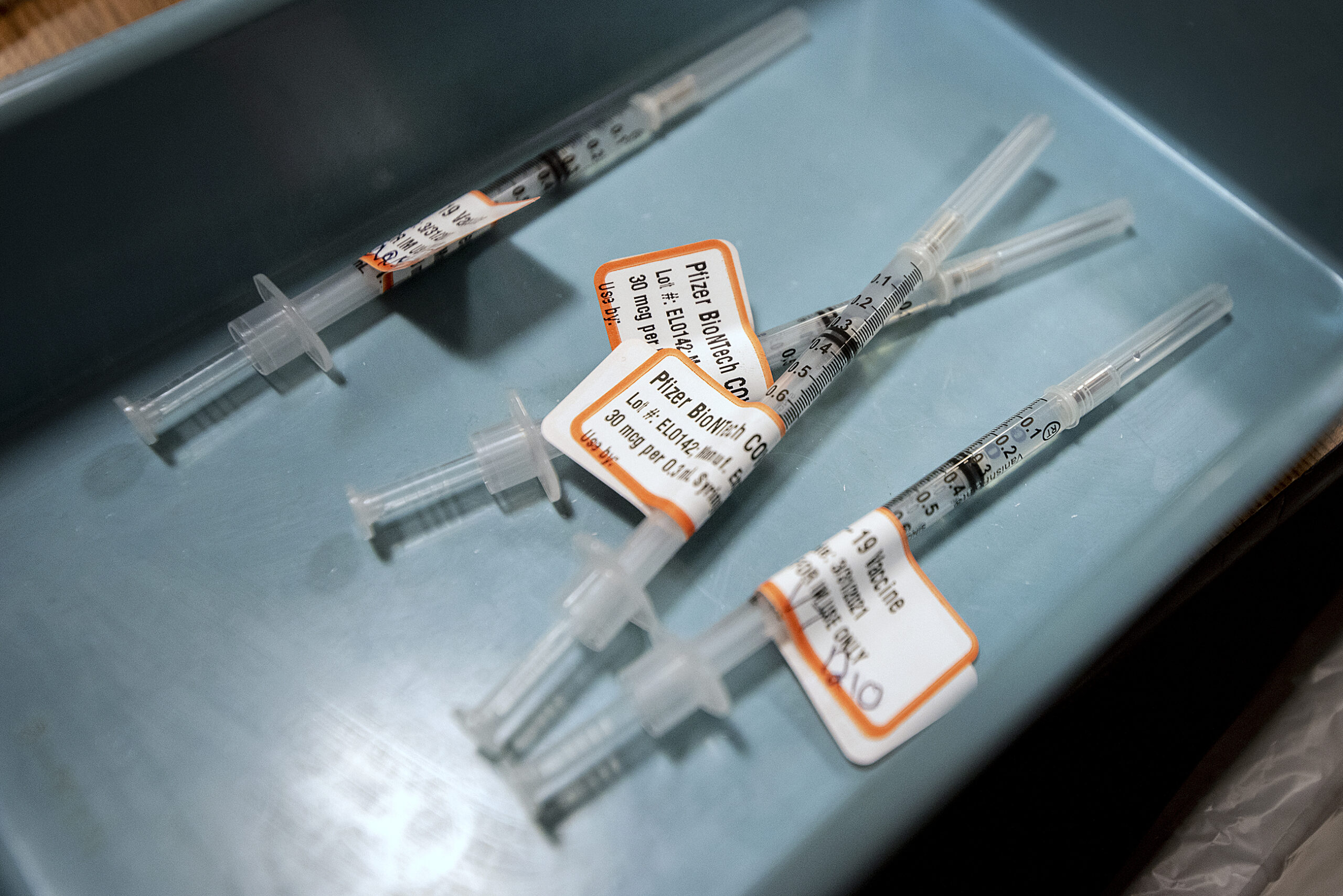four syringes with labels sit in a blue tray