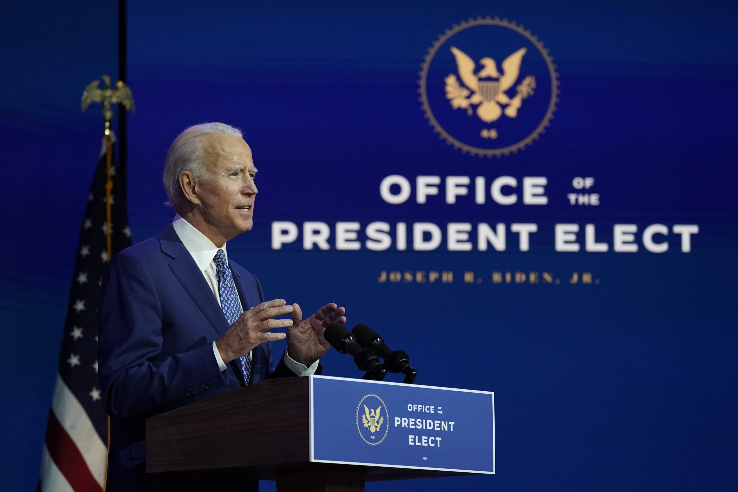 President-elect Joe Biden speaks at a podium