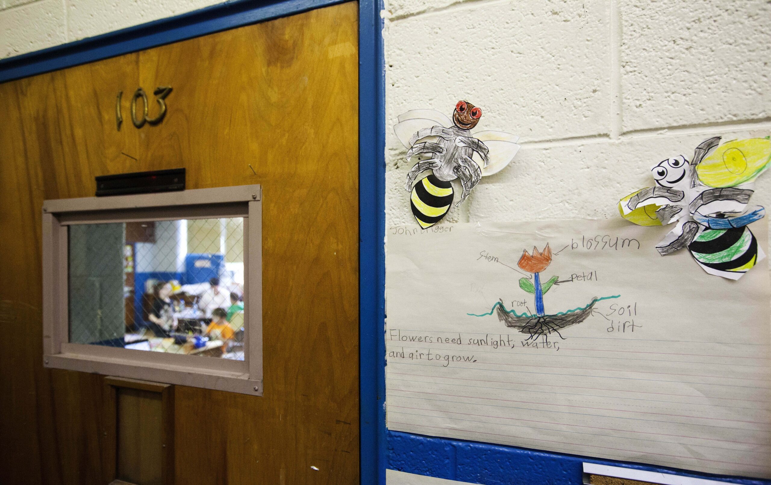 Classwork adorns the hallway outside of an Iaeger Elementary School classroom