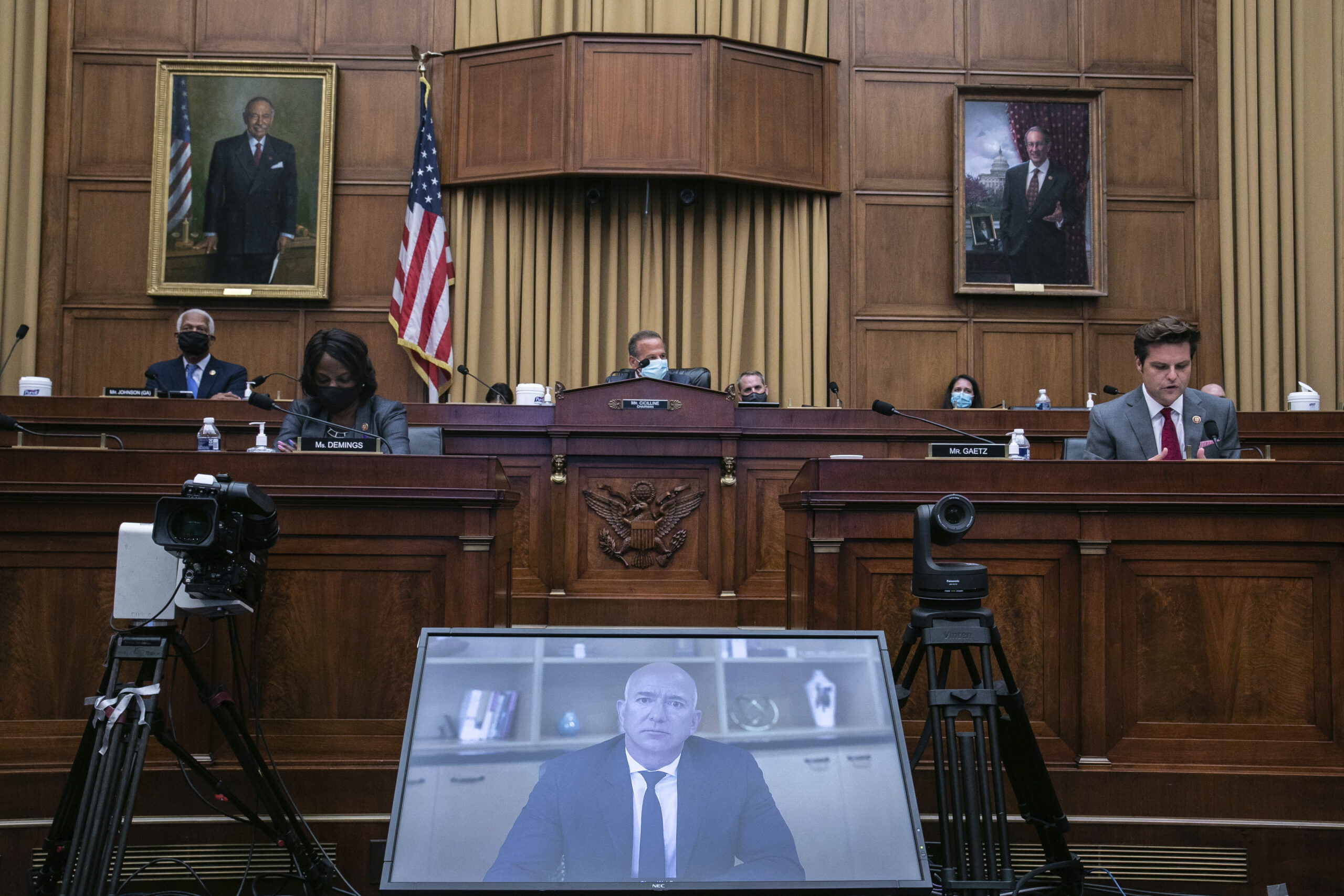 Amazon CEO Jeff Bezos speaks via video conference during a House Judiciary subcommittee hearing on antitrust on Capitol Hill on Wednesday, July 29, 2020, in Washington.