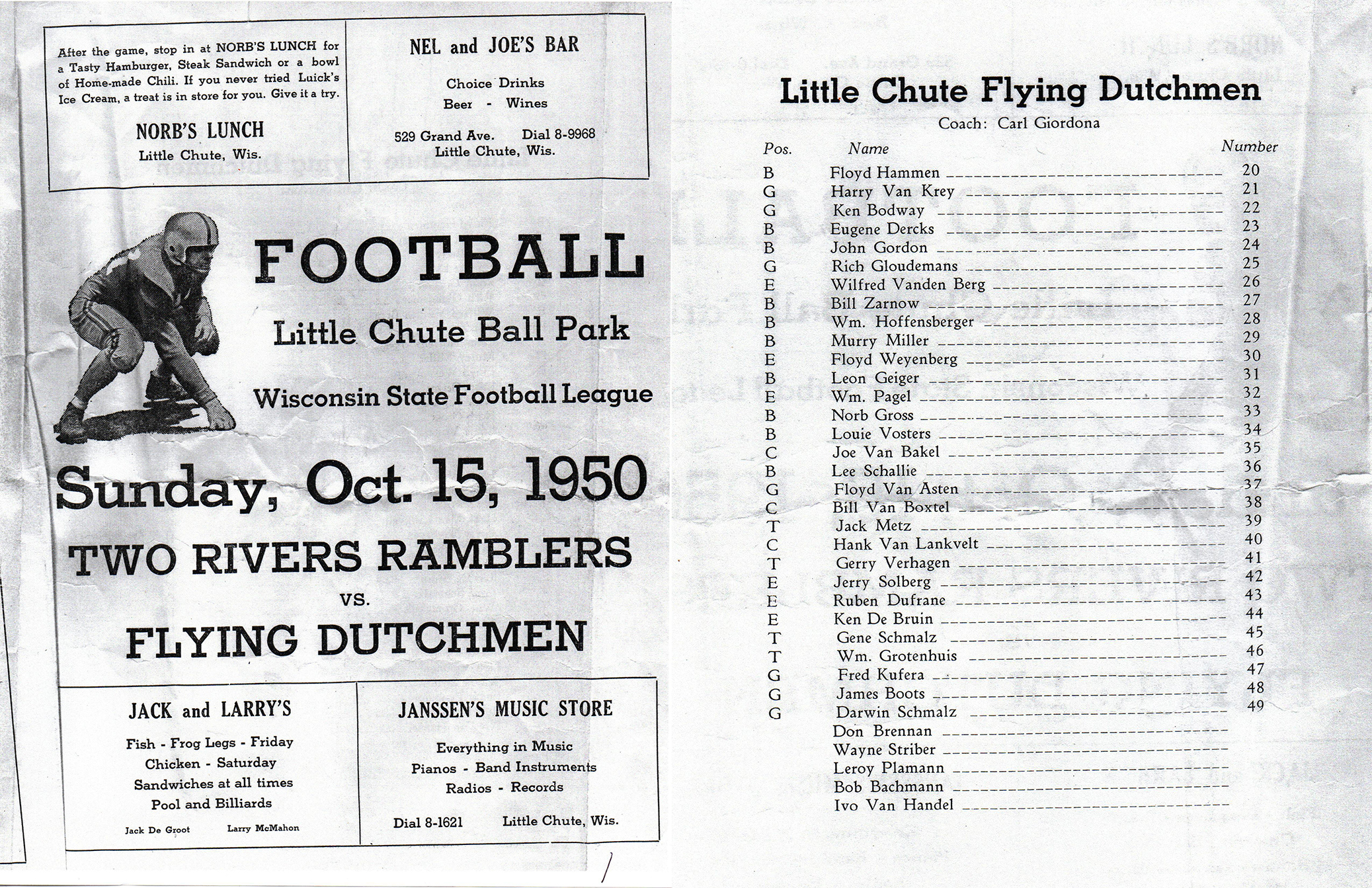 A program from a Oct. 15, 1950 Little Chute Flying Dutchmen game