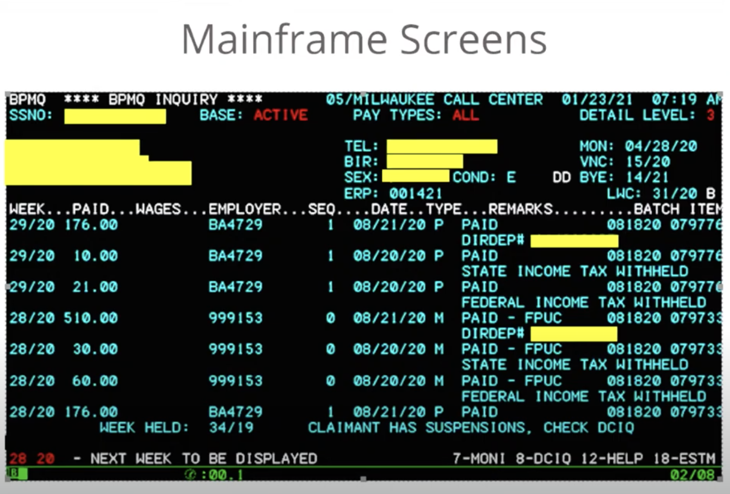 A screenshot of the Wisconsin Department of Workforce Development's "mainframe screen"