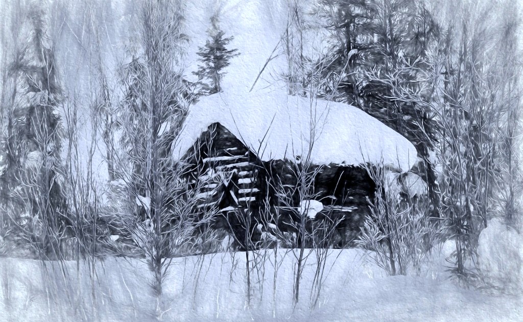 Snowy cabin on a winter's eve