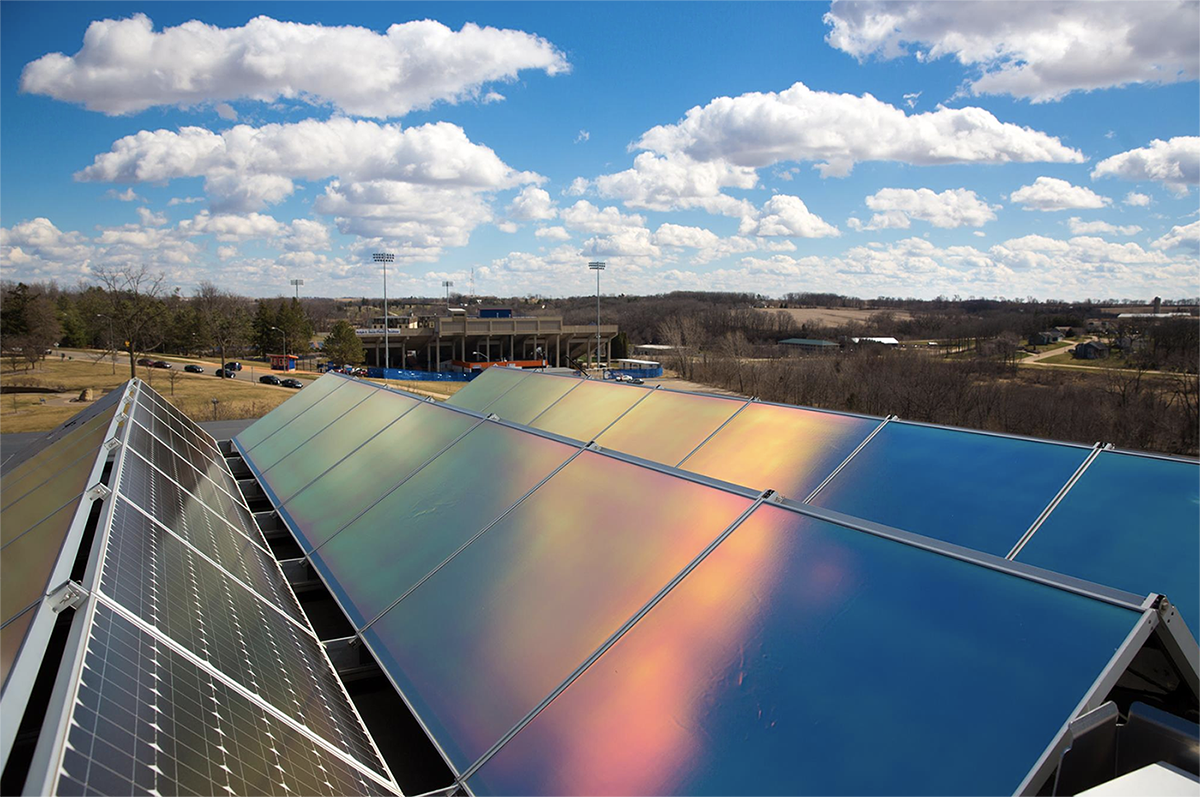 Existing solar panels on the rooftop of a University of Wisconsin-Platteville building