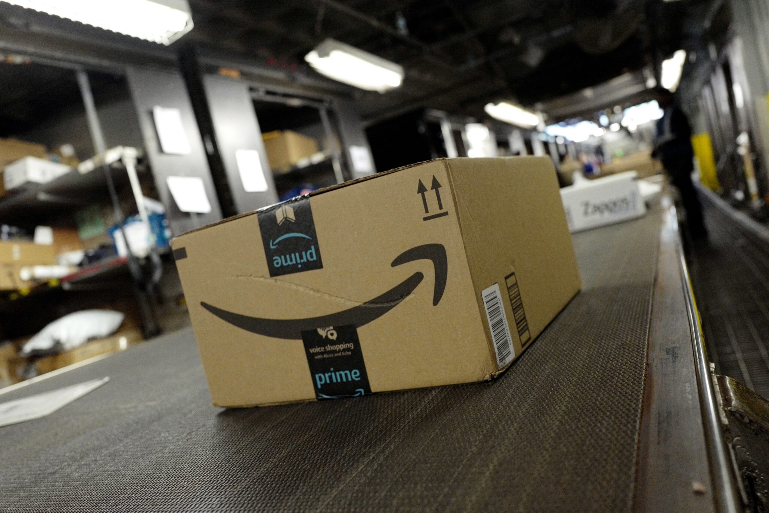 Amazon box on a conveyor belt
