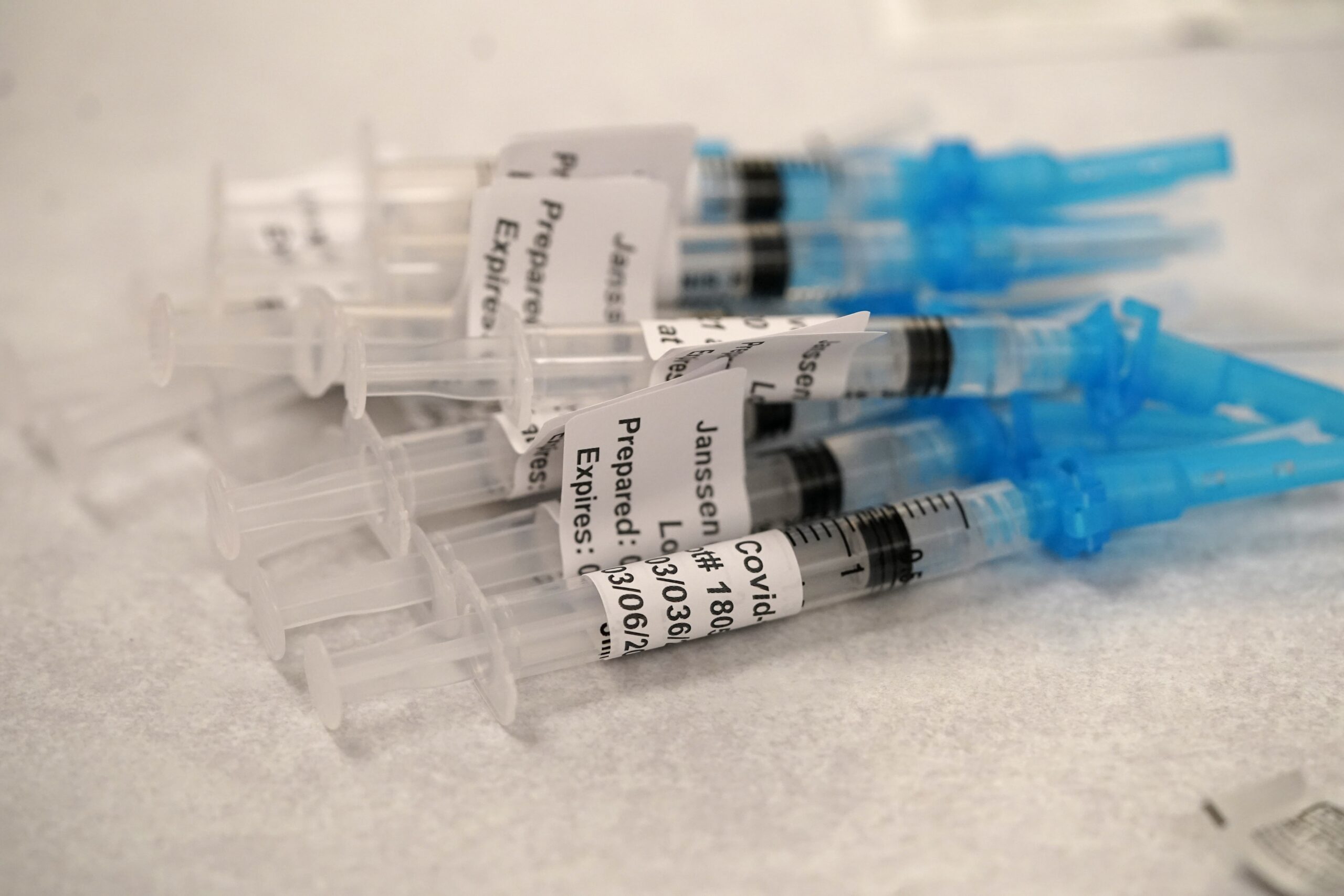 Syringes loaded with shots of Johnson & Johnson COVID-19 vaccine