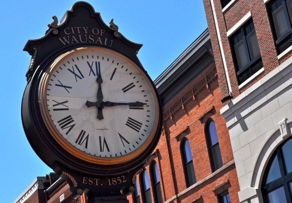 An outdoor clock in Wausau