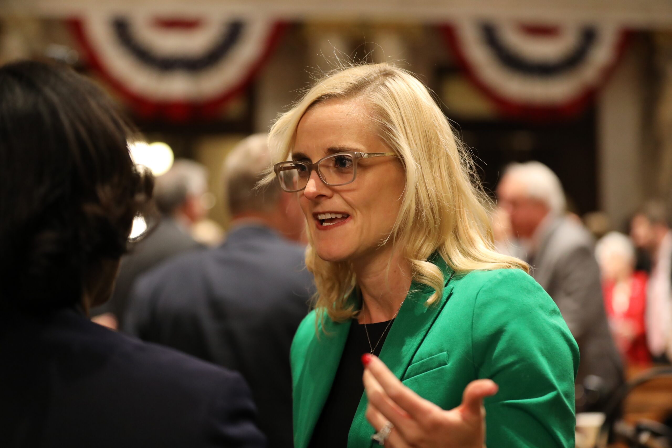 State Treasurer Sarah Godlewski, right, talks with state superintendent Carolyn Stanford Taylor