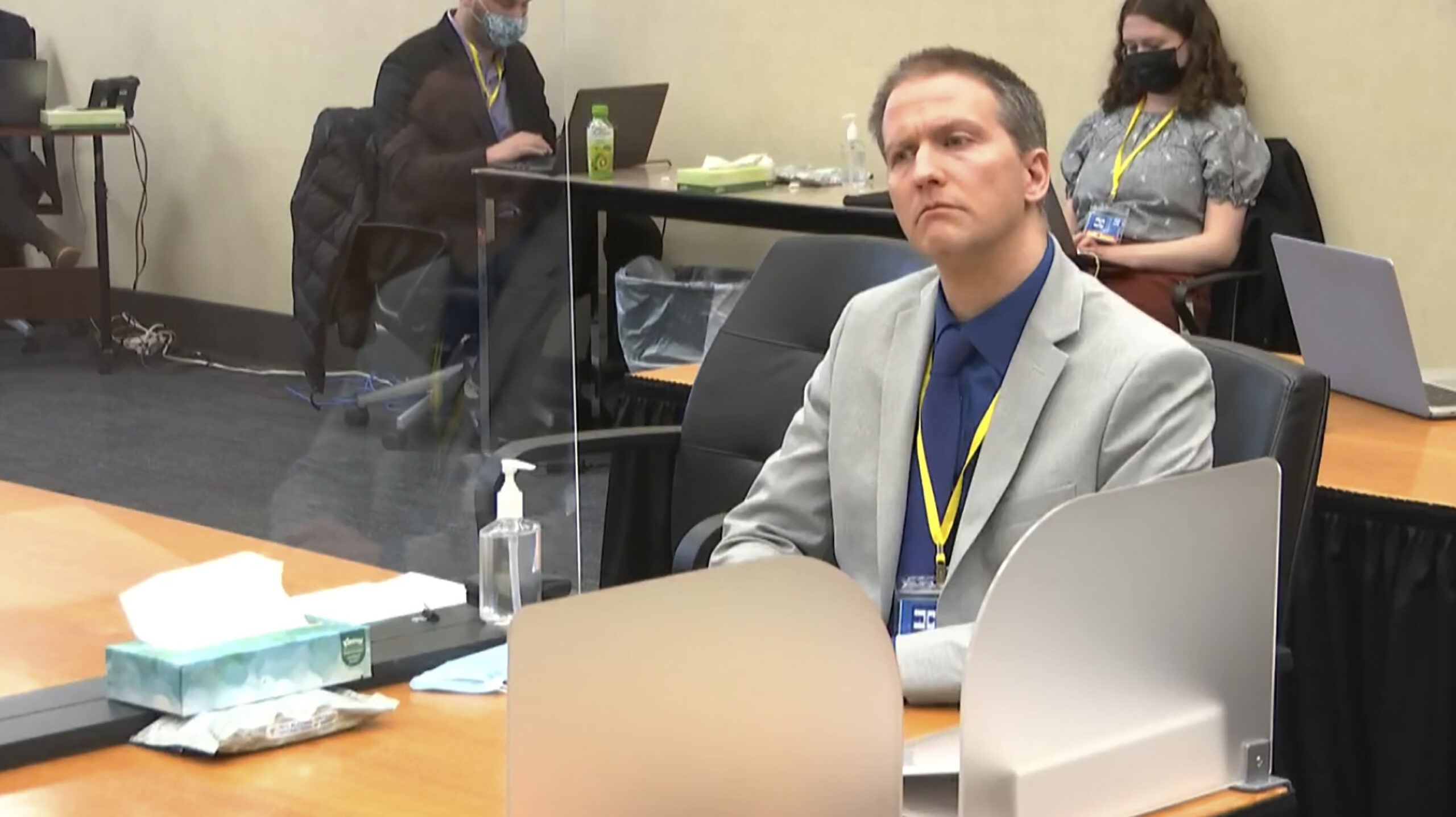 Derek Chauvin listens as attorney Eric Nelson gives closing arguments