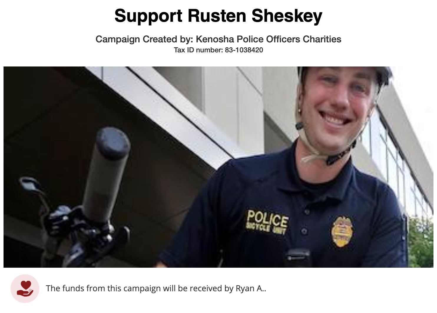 A screenshot from the "Support Rusten Sheskey" fundraiser on the Christian site GiveSendGo