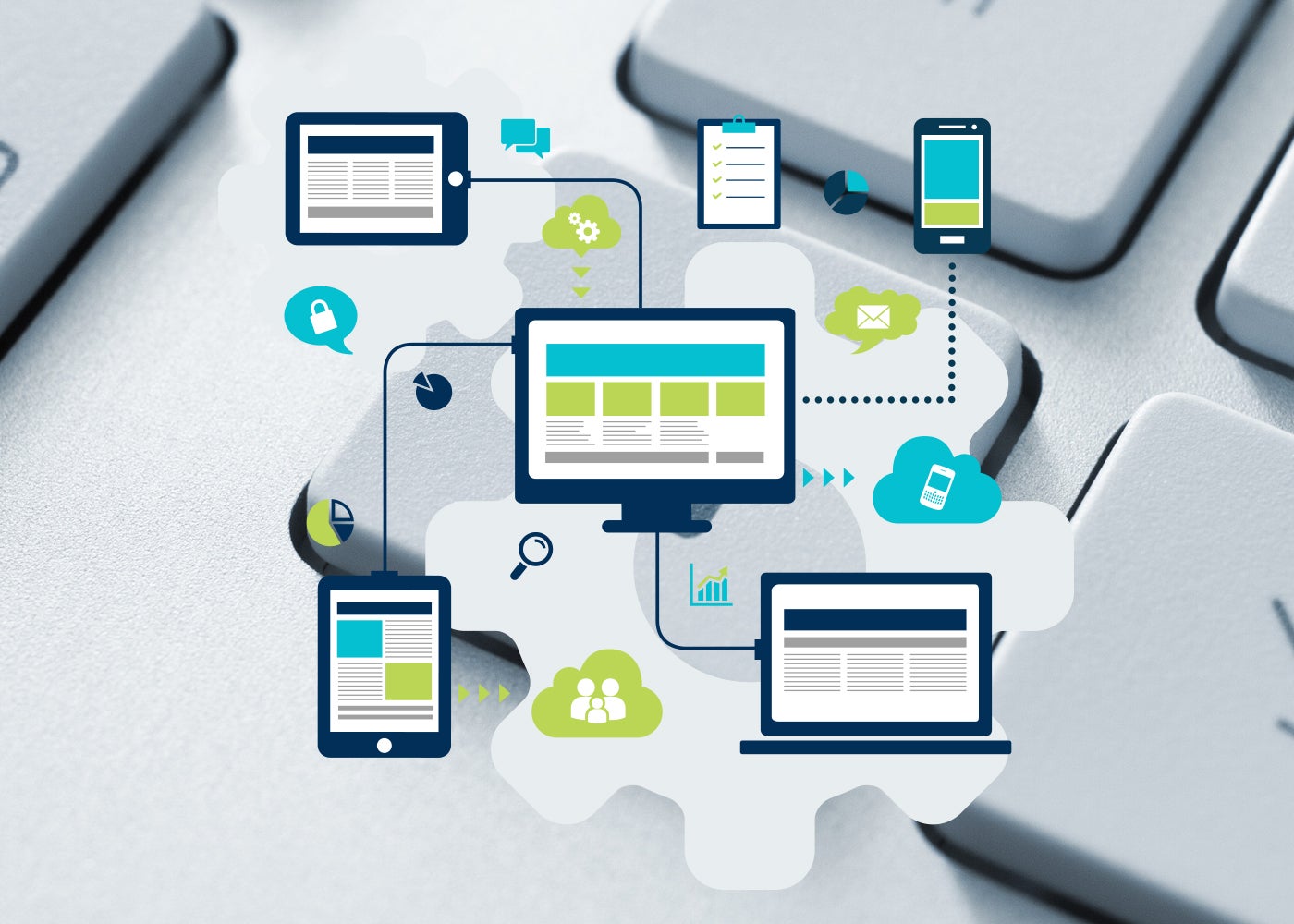 An illustration depicts several types of electronic devices connected in a diagram via lines.