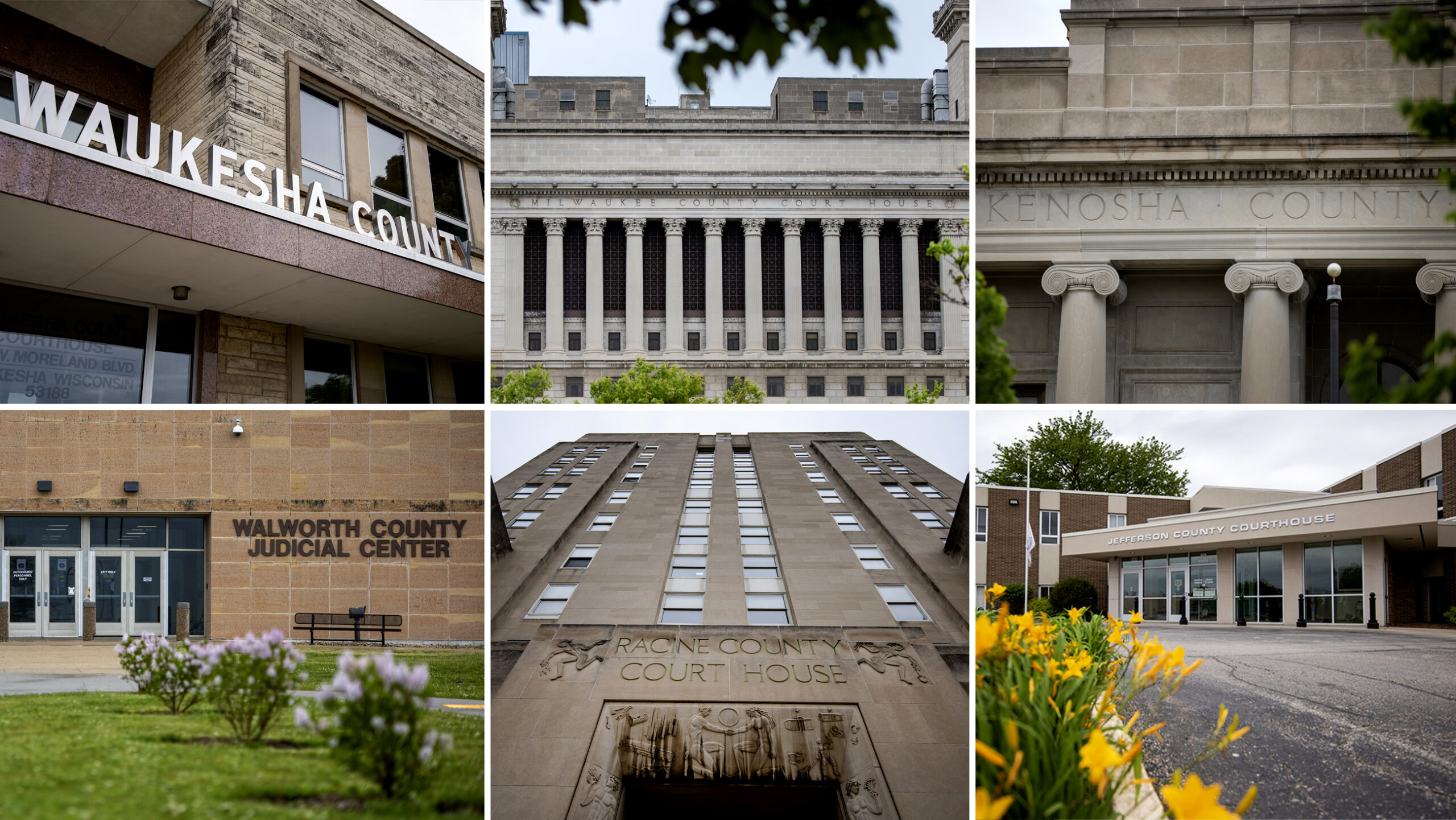 The exterior of six courthouses in a collage