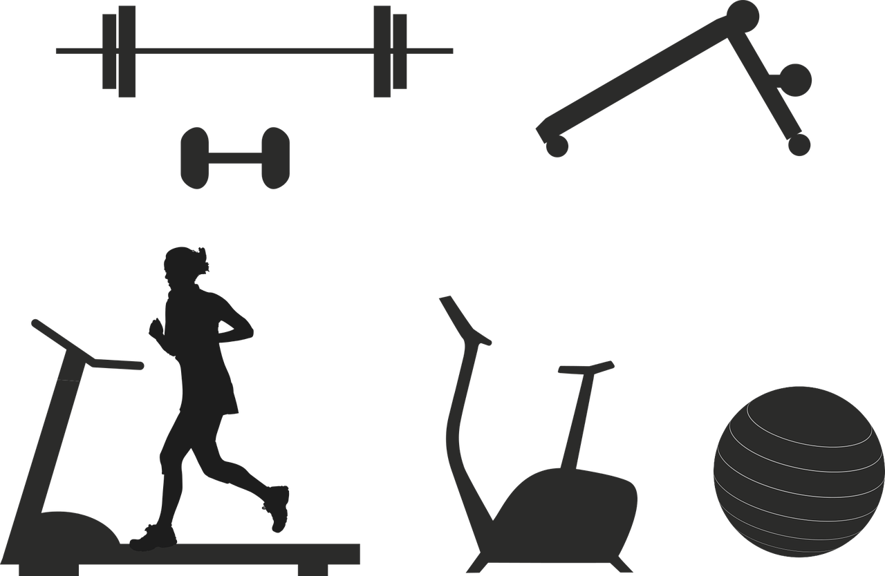 an illustration featuring outlines of exercise equipment.