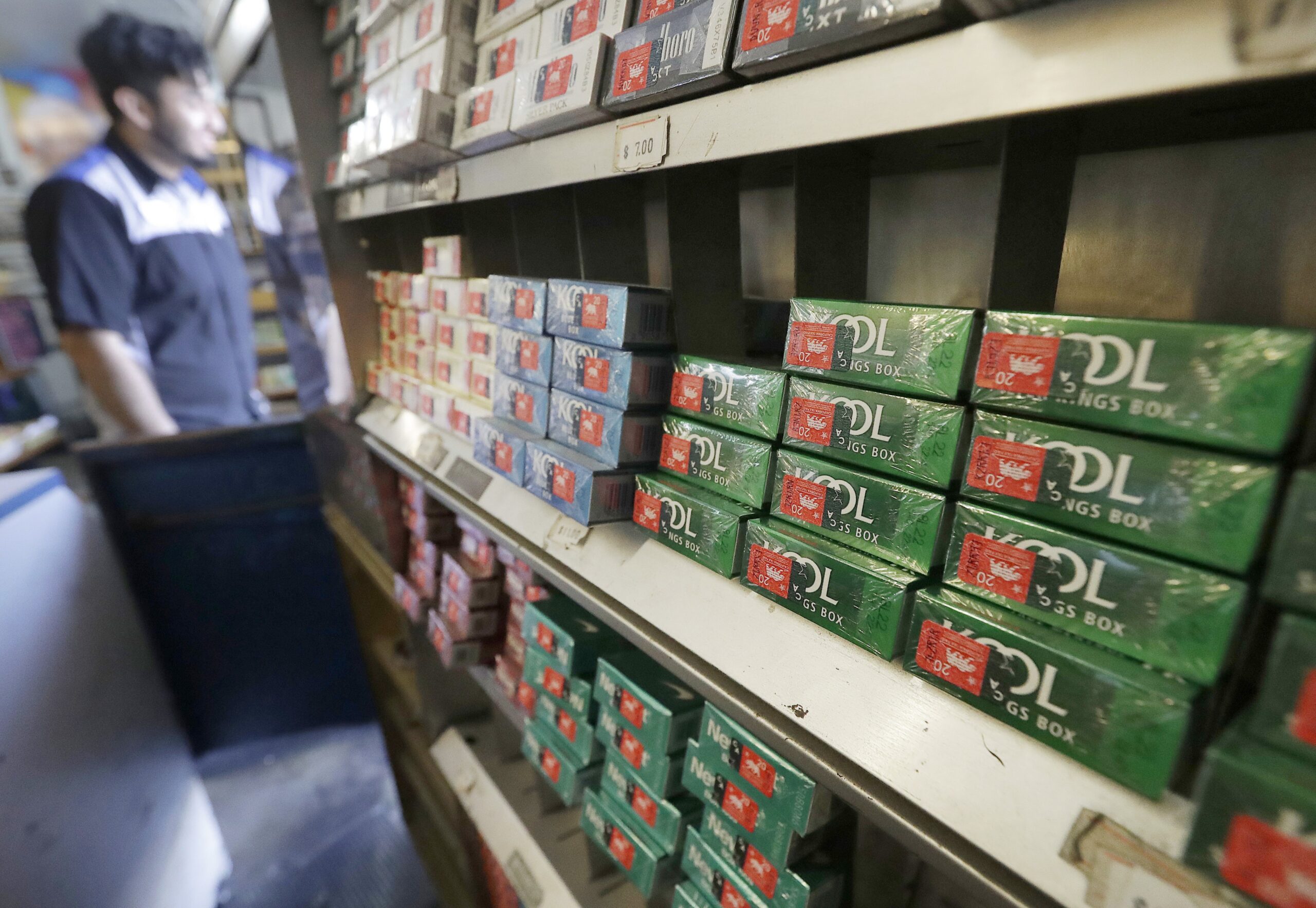 Menthol cigarettes on a shelf at a store