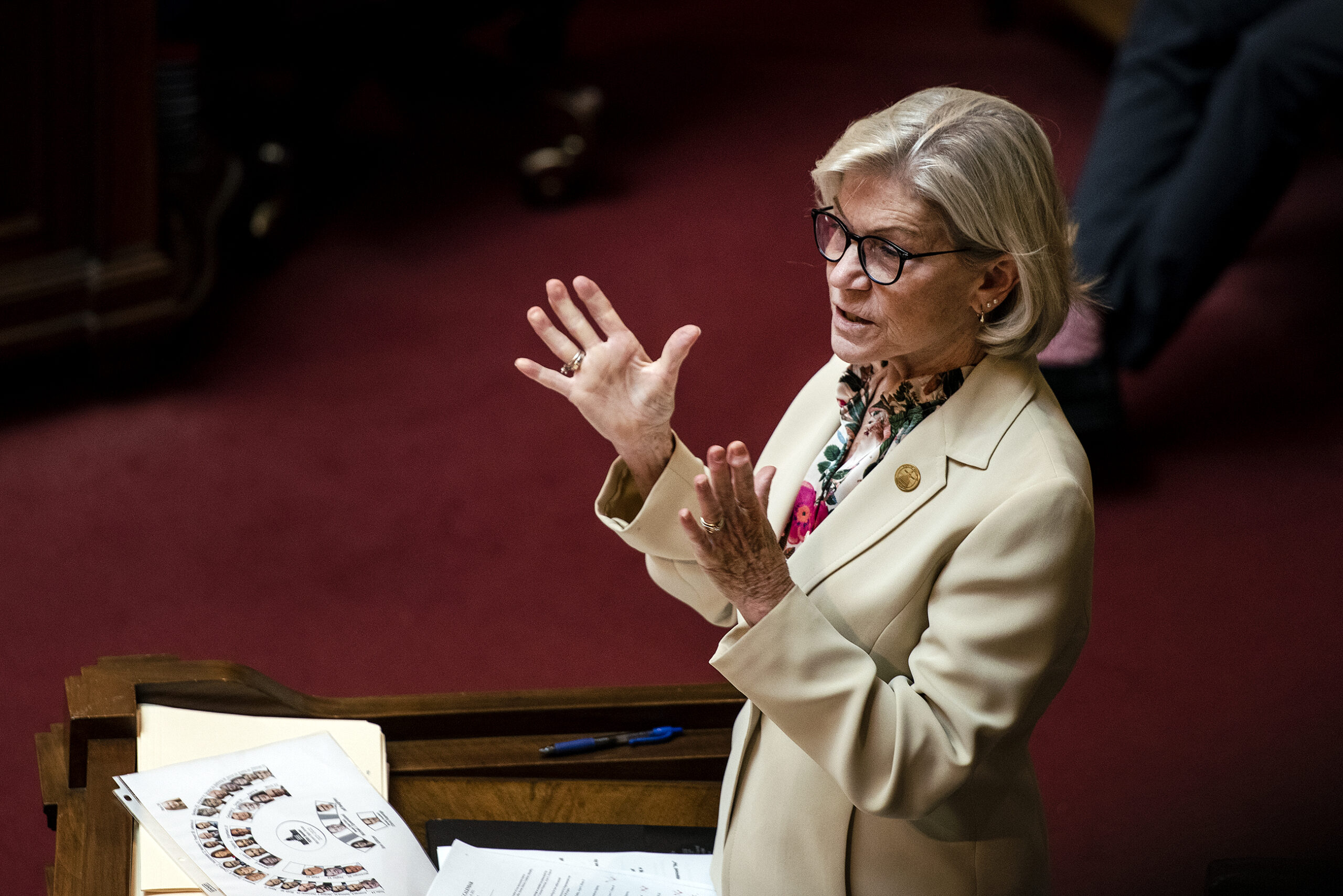 Sen. Bewley gestures as she speaks.