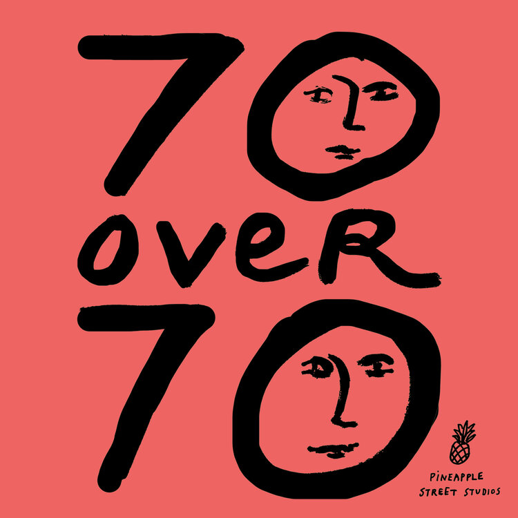 On a coral color background the title is drawn out with '70' in large text and faces in the zeroes.