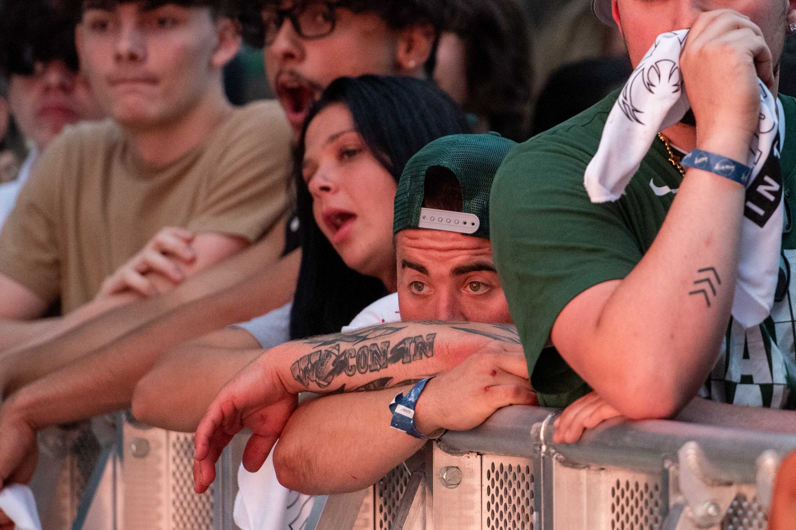 Fans watch the Milwaukee Bucks play the Atlanta Hawks in the first game of the Eastern Conference