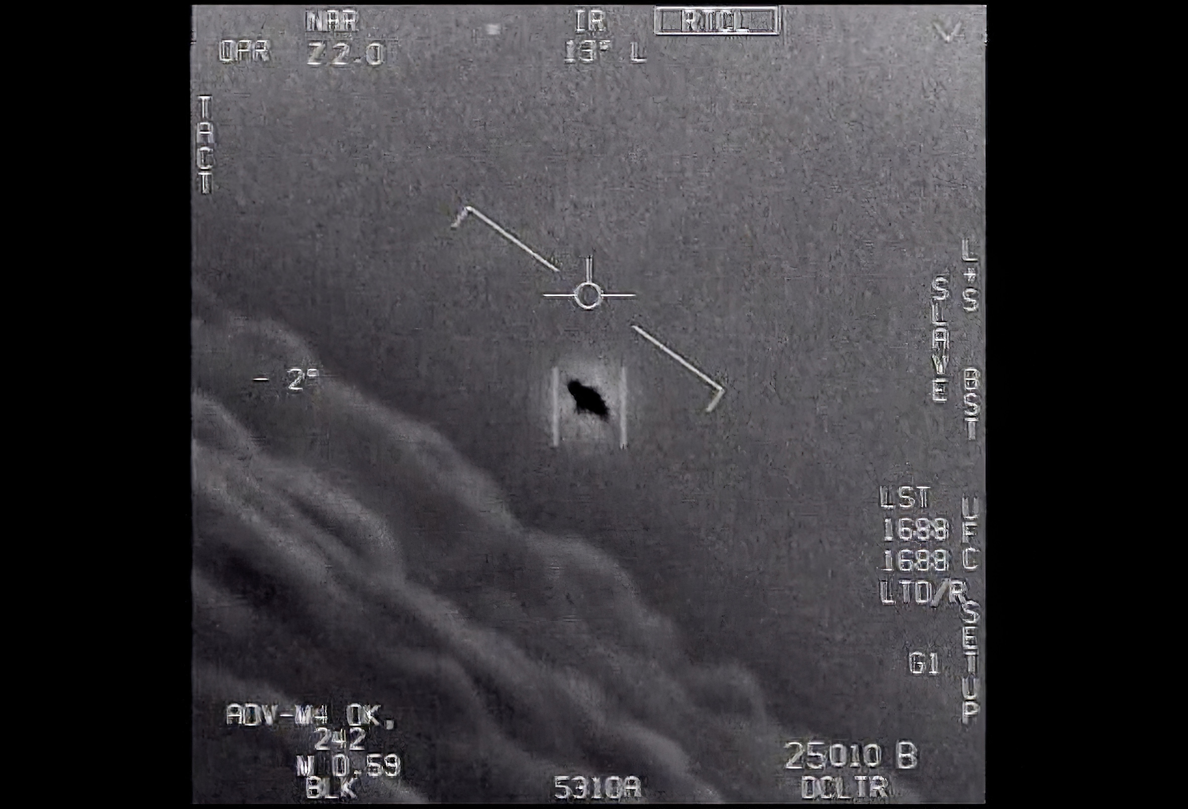 An image from a Navy jet of an unexplained flying object