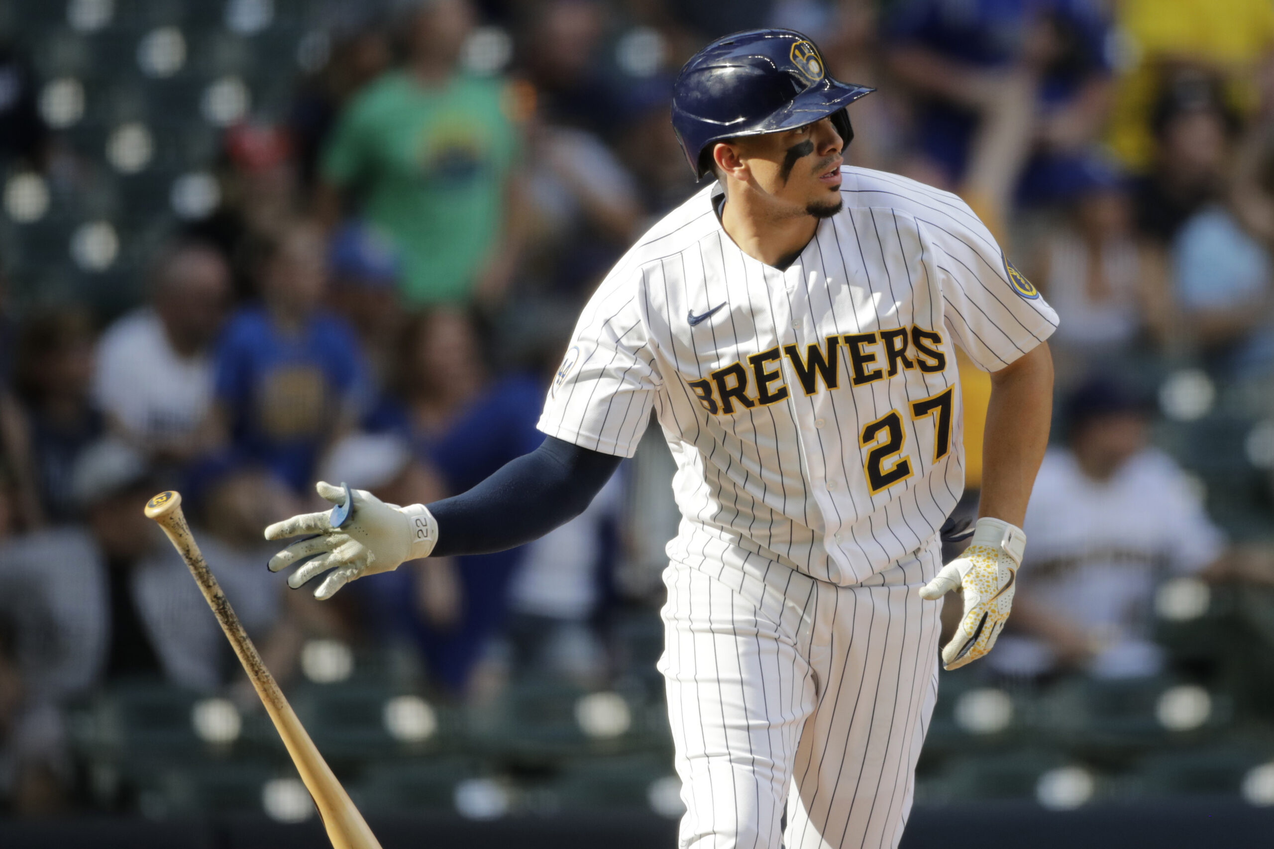 Willy Adames drops his bat after a homer