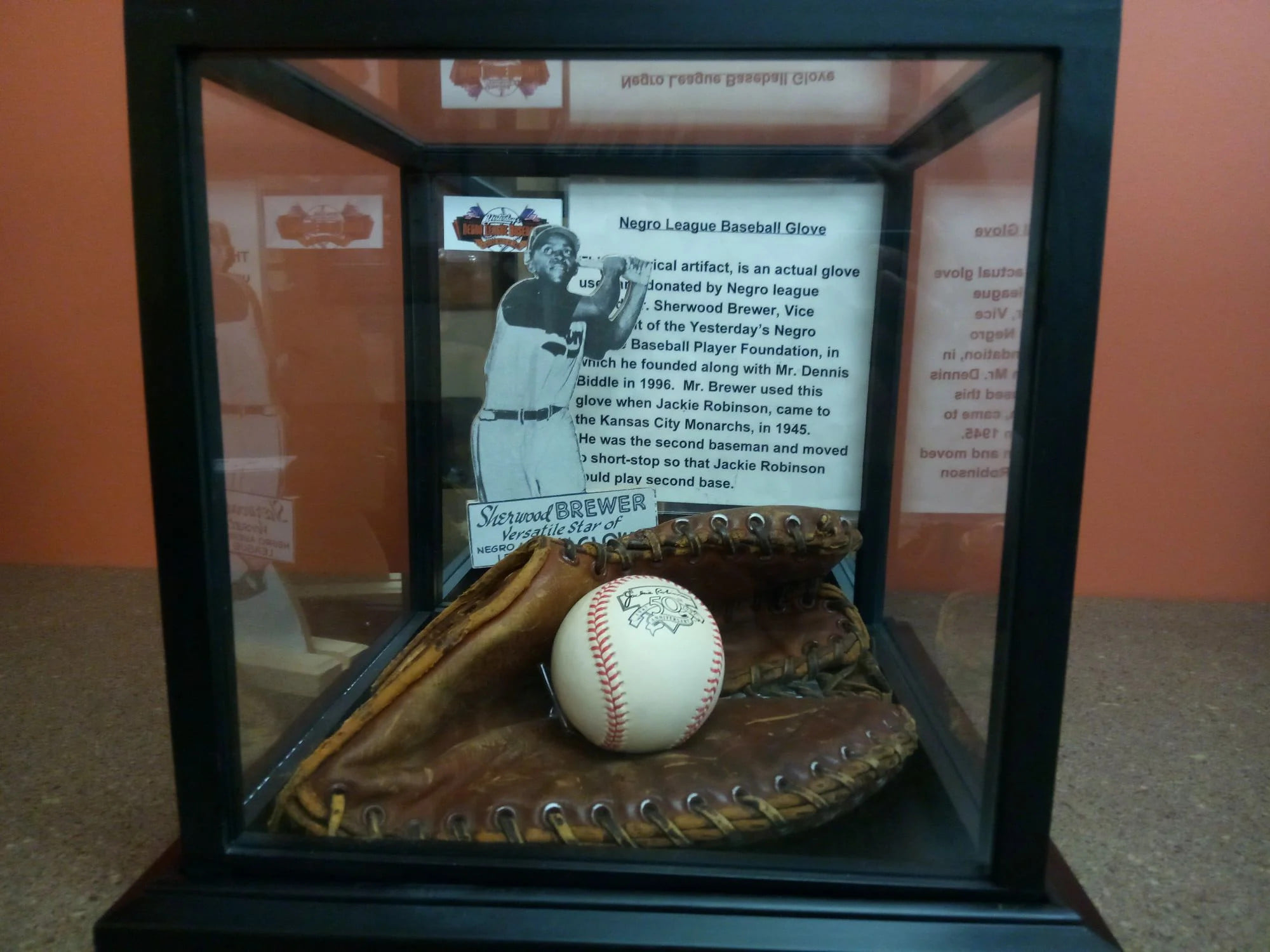 A baseball glove in a display in Yesterday's Negro League Baseball Traveling Museum