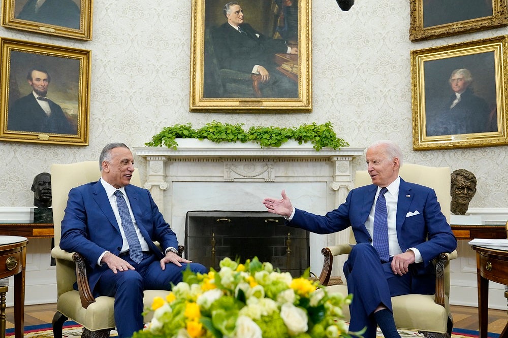 President Joe Biden speaks with Iraqi Prime Minister Mustafa al-Kadhimi