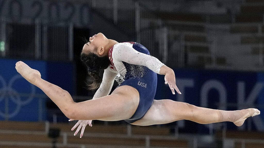 Sunisa Lee, of the United States, performs on the floor during the artistic gymnastics women's all-around final at the 2020 Summer Olympics, Thursday, July 29, 2021, in Tokyo.
