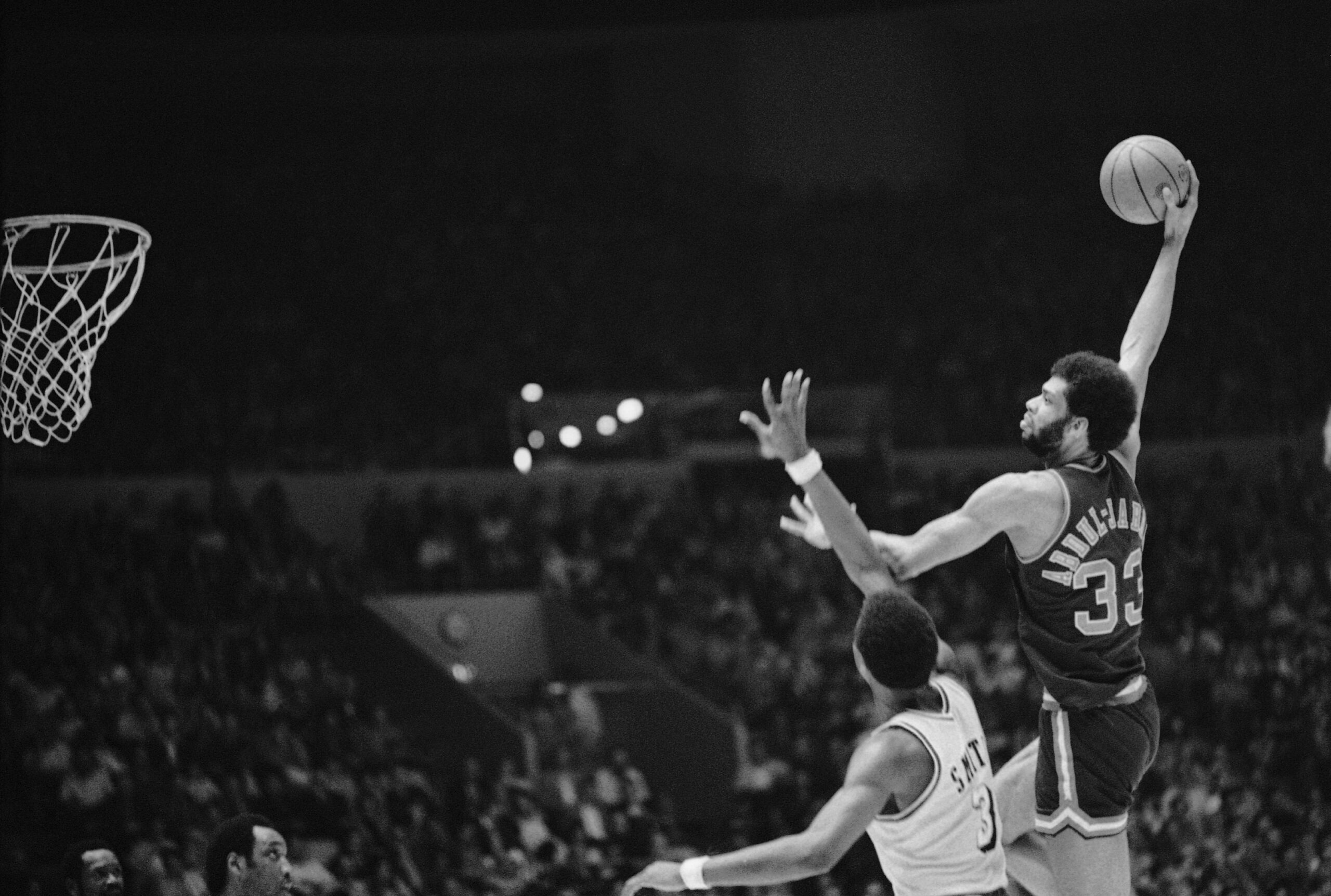 Kareem Abdul-Jabbar shows the form on his hook shot that the Los Angeles Lakers couldn't stop