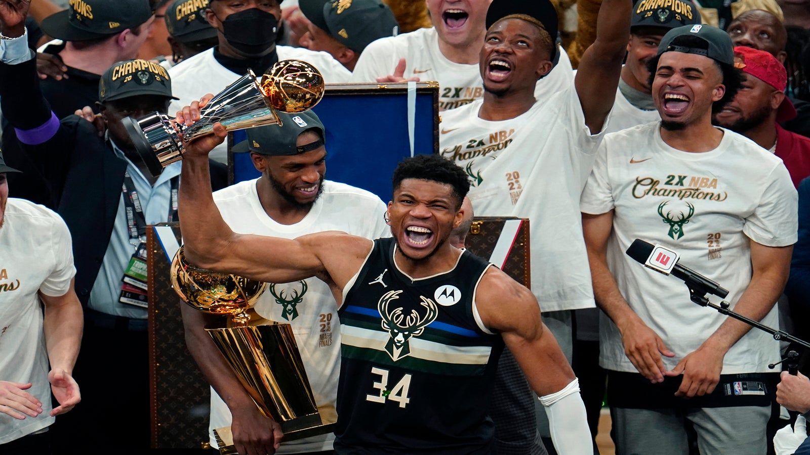Milwaukee Bucks forward Giannis Antetokounmpo with the championship trophy