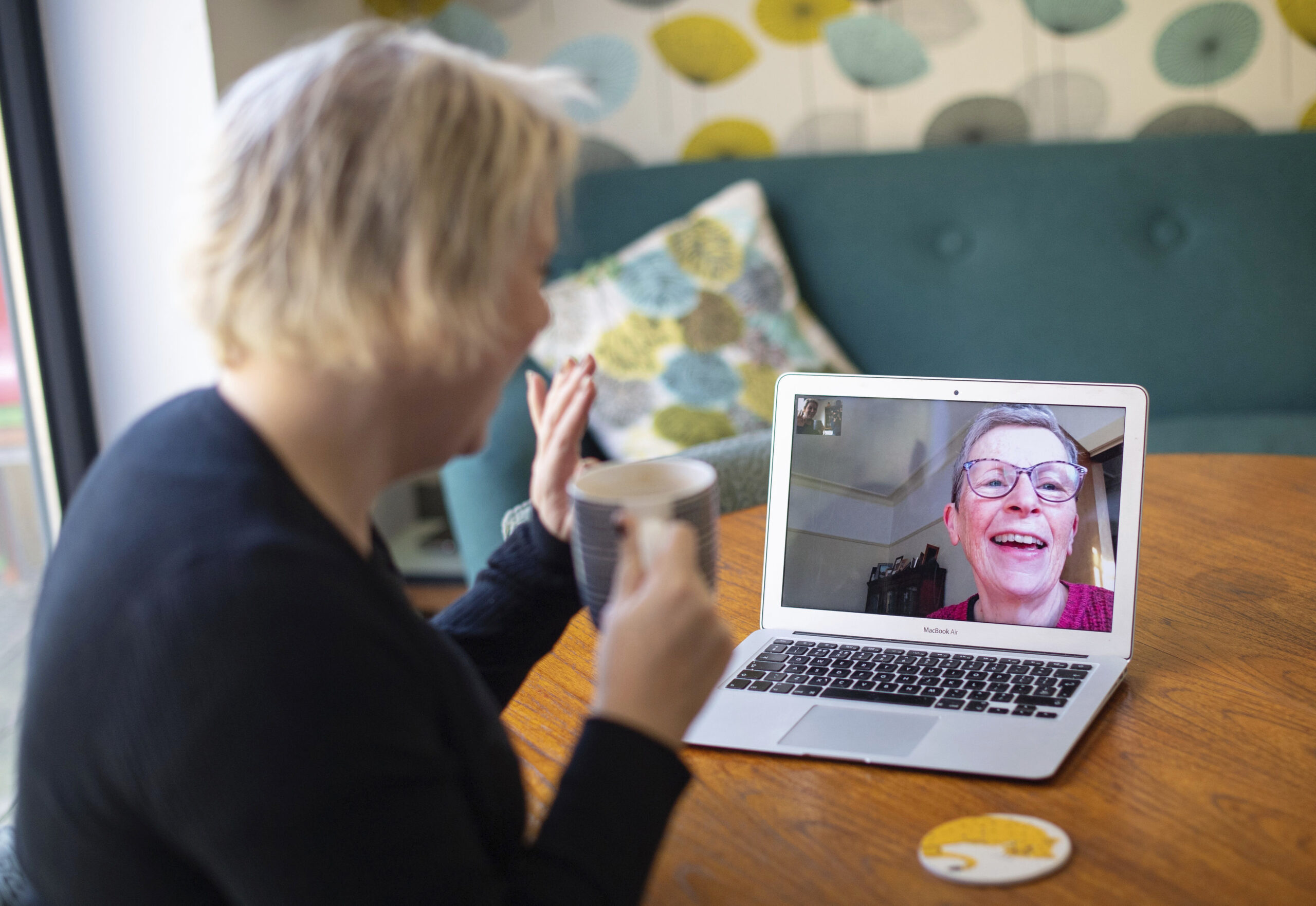 Helen Walters, left, talks to her mother Gillian using video calling