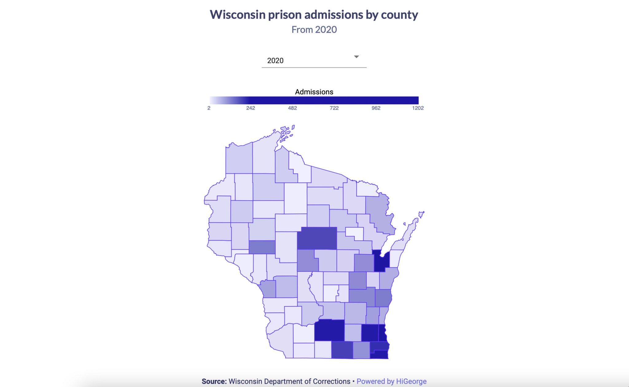 Map of Wisconsin's prison admissions by county