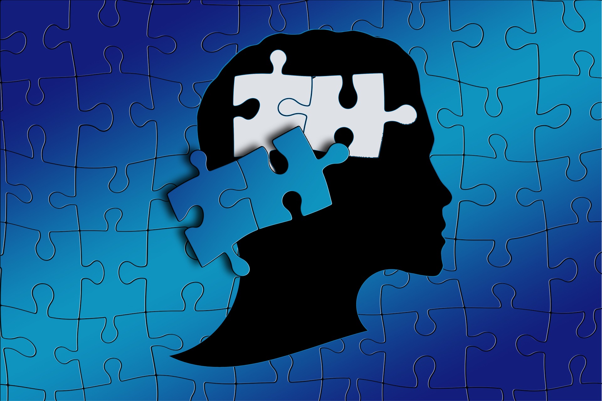 Silhouette of a head with puzzle pieces